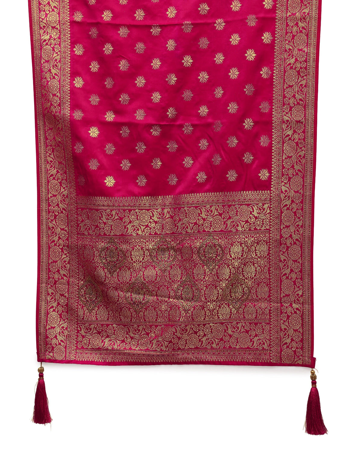 Mameraa Pink Banarasi Satin Saree With Unstiched Blouse Piece And Dupatta