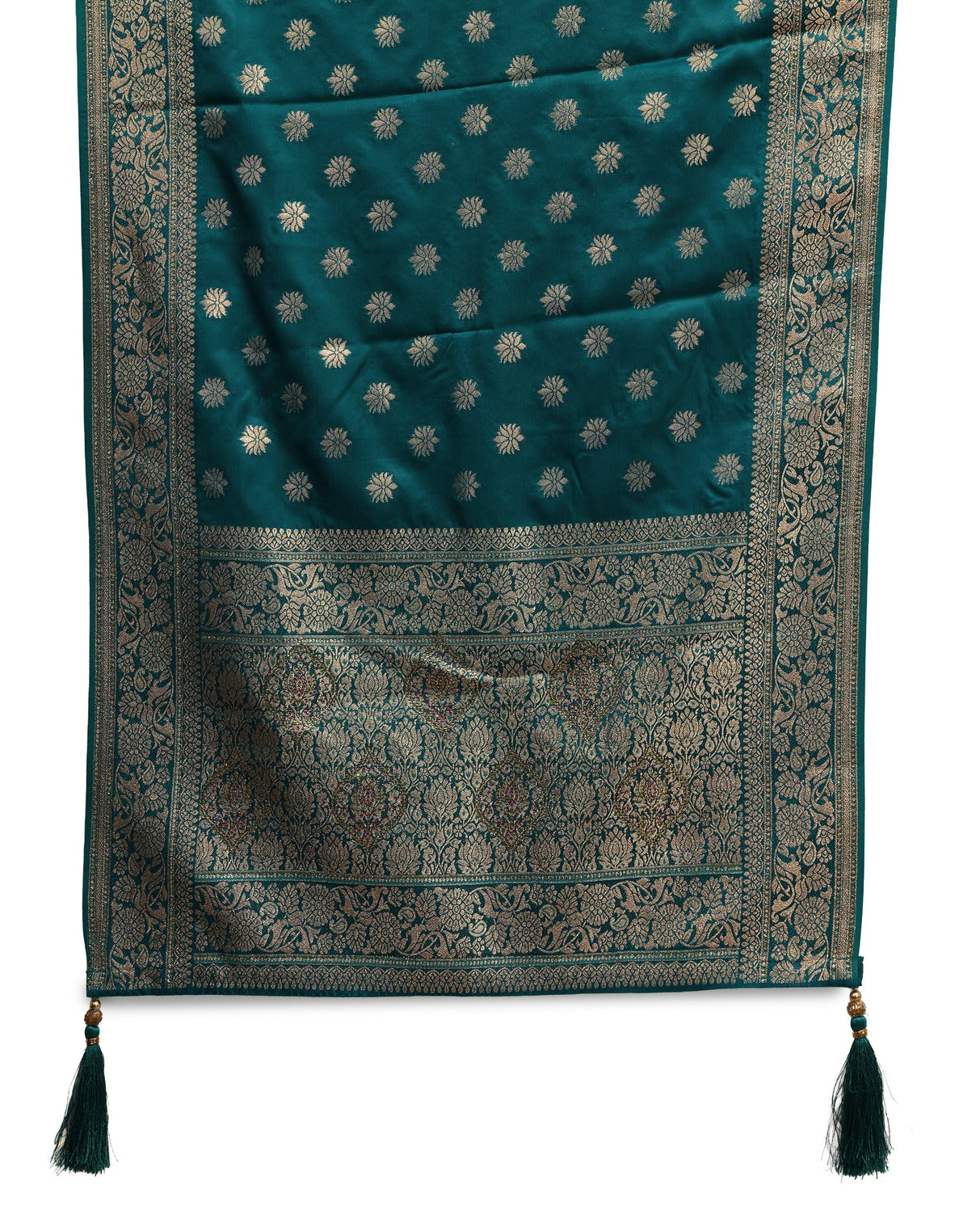 Mameraa Green Banarasi Satin Saree With Unstiched Blouse Piece And Dupatta