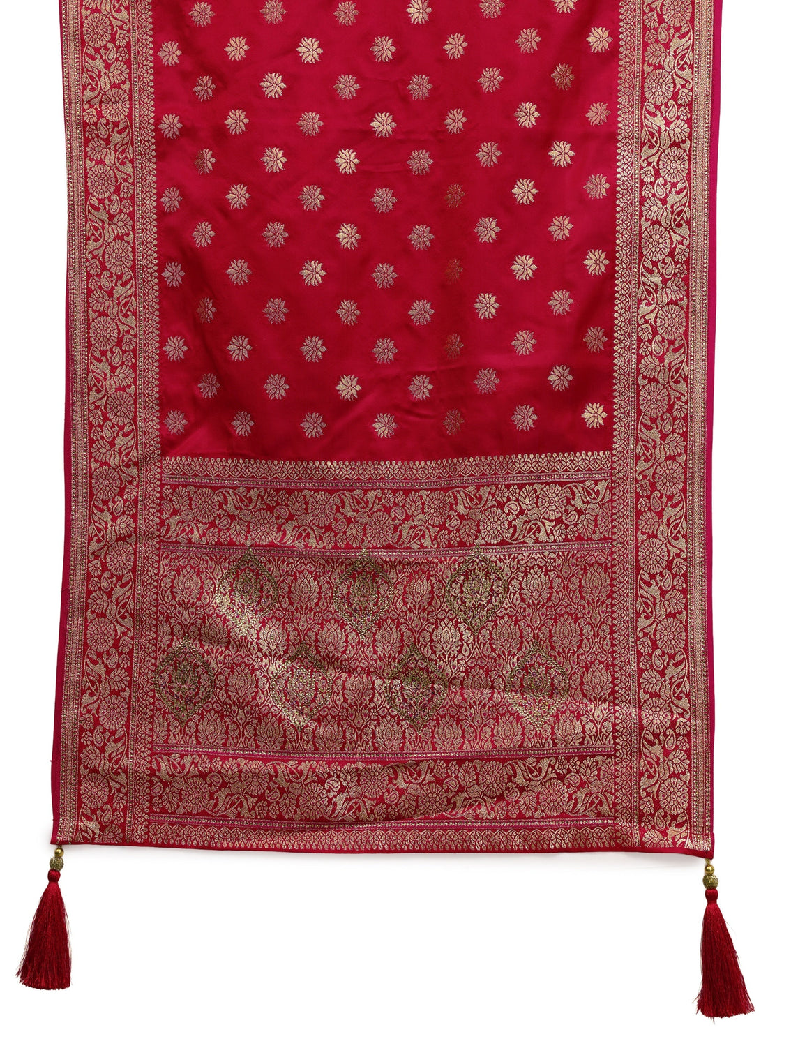 Mameraa Red Banarasi Satin Saree With Unstiched Blouse Piece And Dupatta