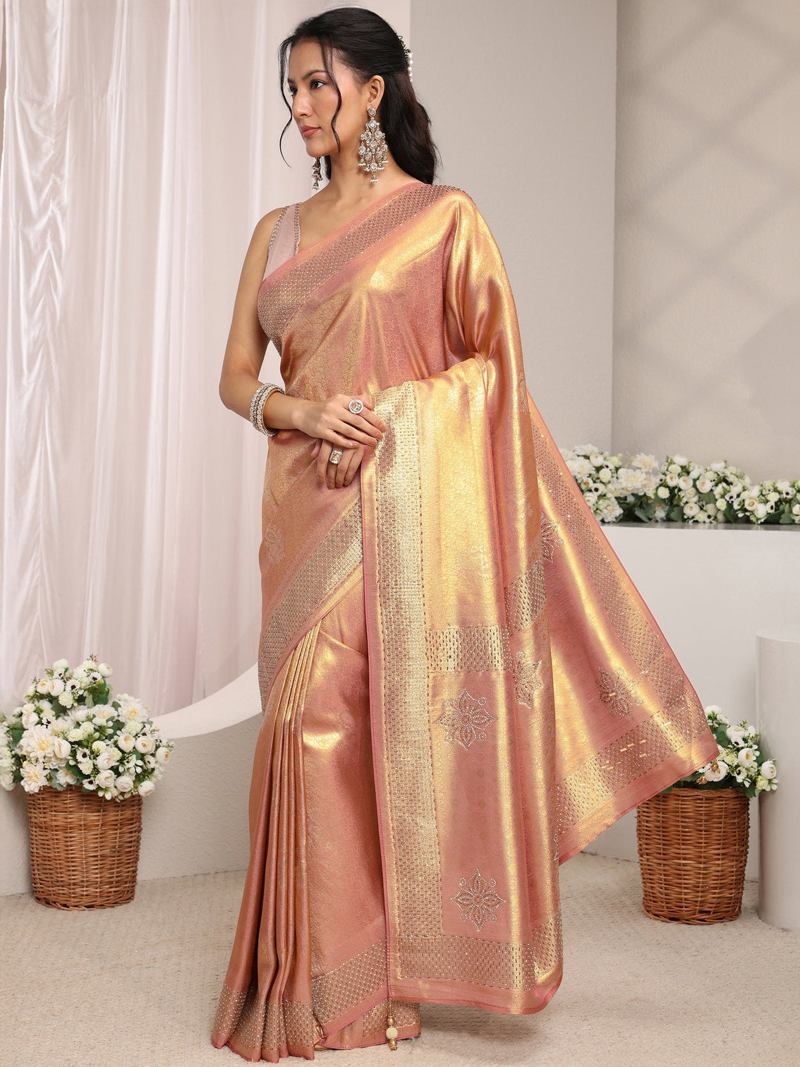 Mameraa Peach Ethnic Woven Design Silk Blend Saree With Unstitched Blouse Piece