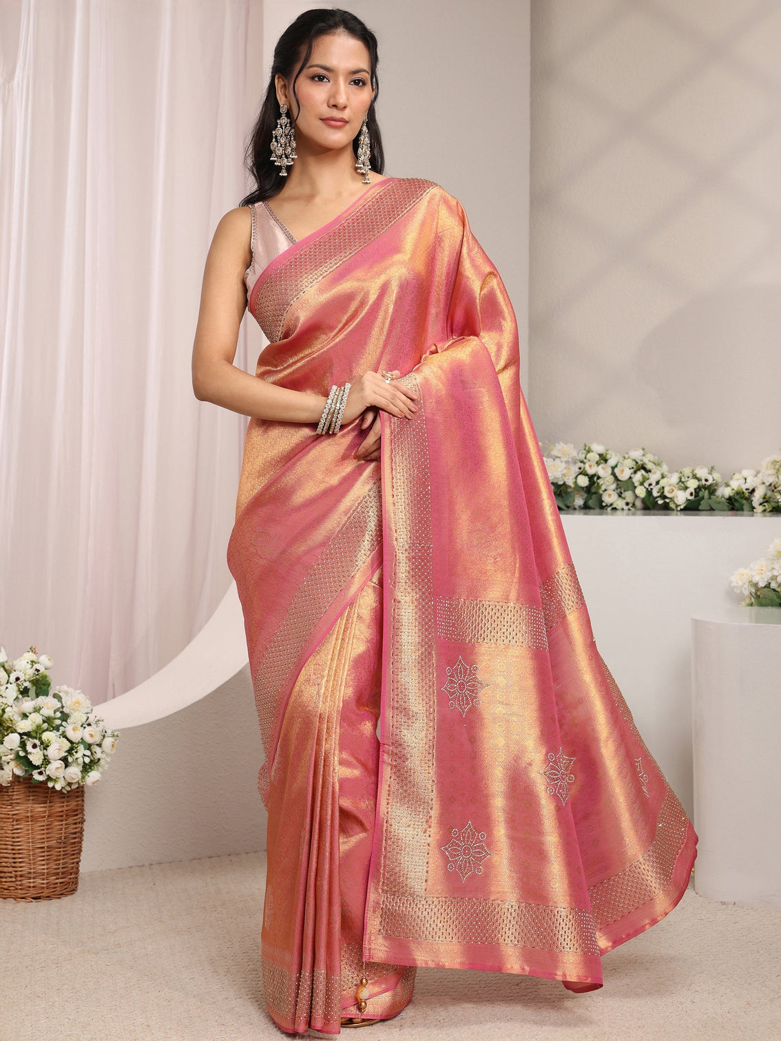 Mameraa Pink Ethnic Woven Design Silk Blend Saree With Unstitched Blouse Piece