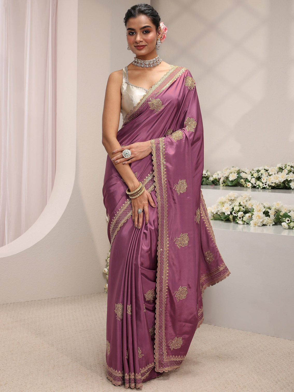 Mameraa Purple Floral Embroidered Satin Saree With Unstitched Blouse Piece