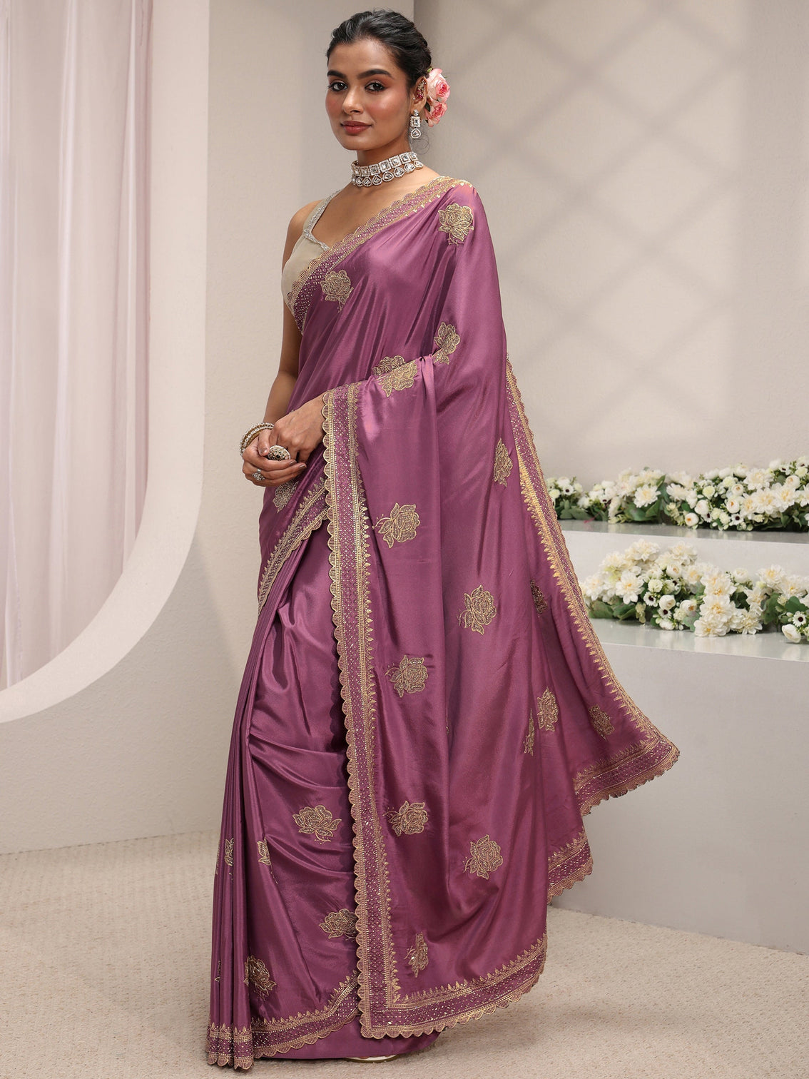 Mameraa Purple Floral Embroidered Satin Saree With Unstitched Blouse Piece