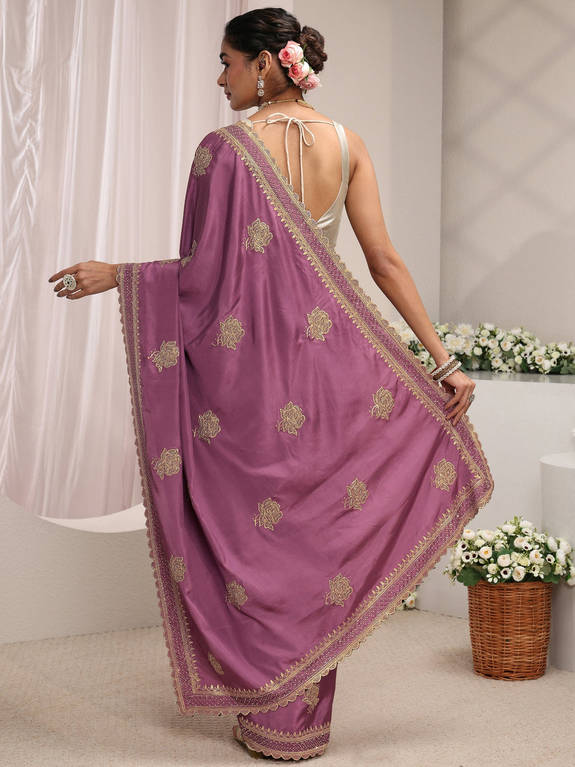 Mameraa Purple Floral Embroidered Satin Saree With Unstitched Blouse Piece
