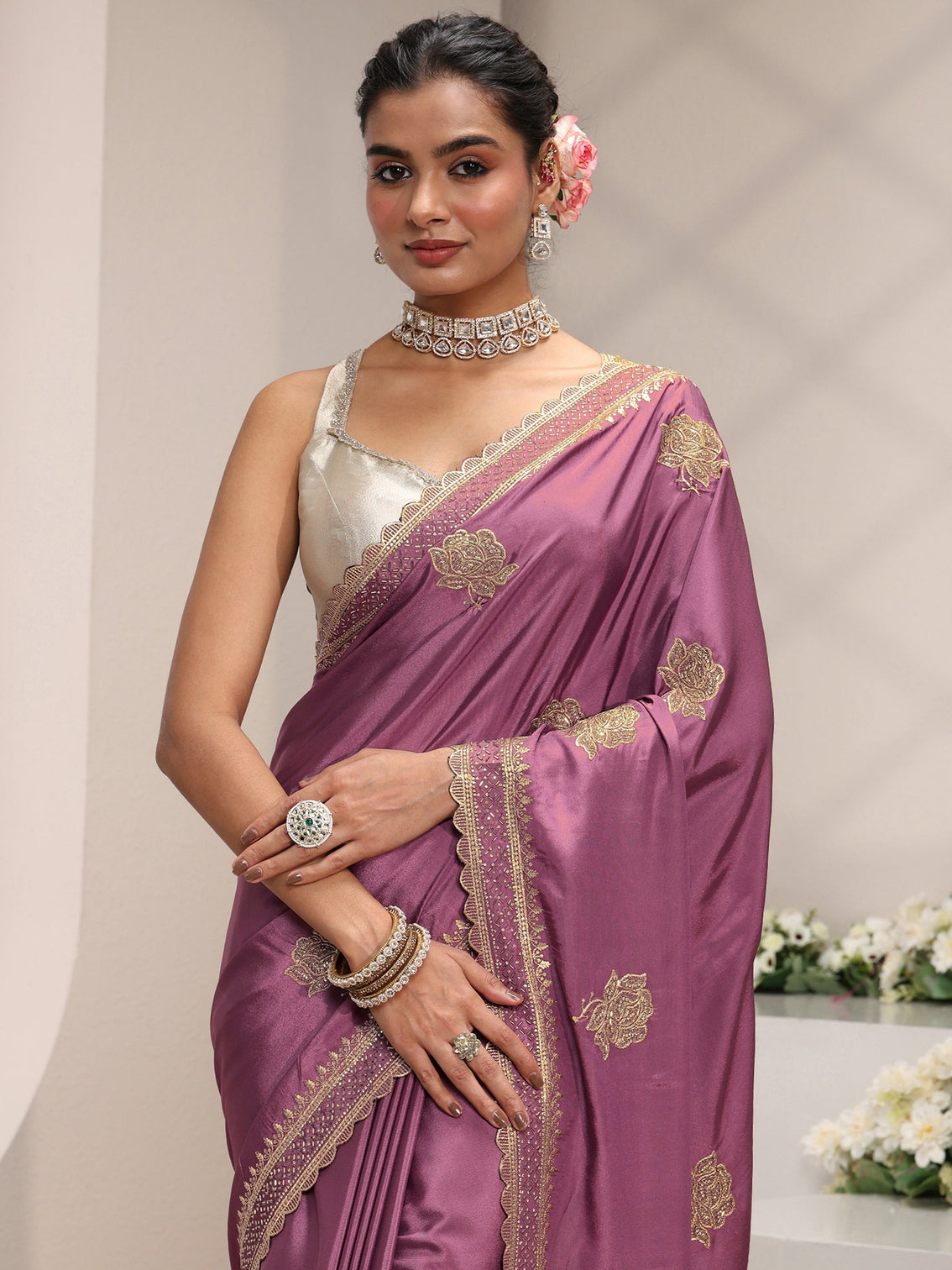 Mameraa Purple Floral Embroidered Satin Saree With Unstitched Blouse Piece