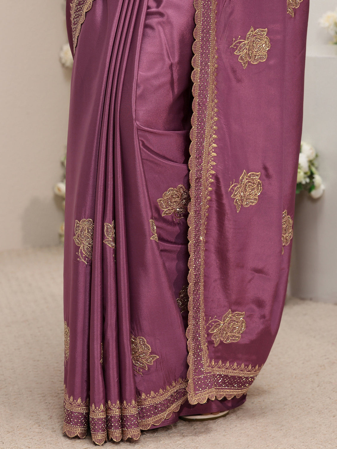 Mameraa Purple Floral Embroidered Satin Saree With Unstitched Blouse Piece