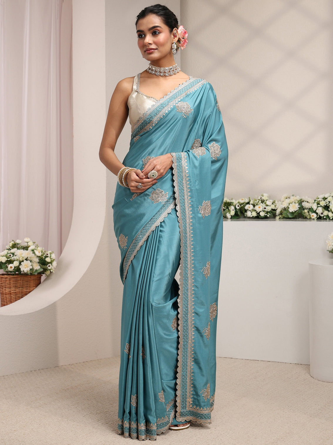 Mameraa Blue Floral Embroidered Satin Saree With Unstitched Blouse Piece