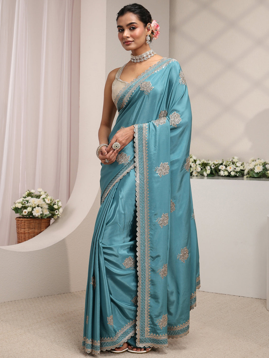 Mameraa Blue Floral Embroidered Satin Saree With Unstitched Blouse Piece