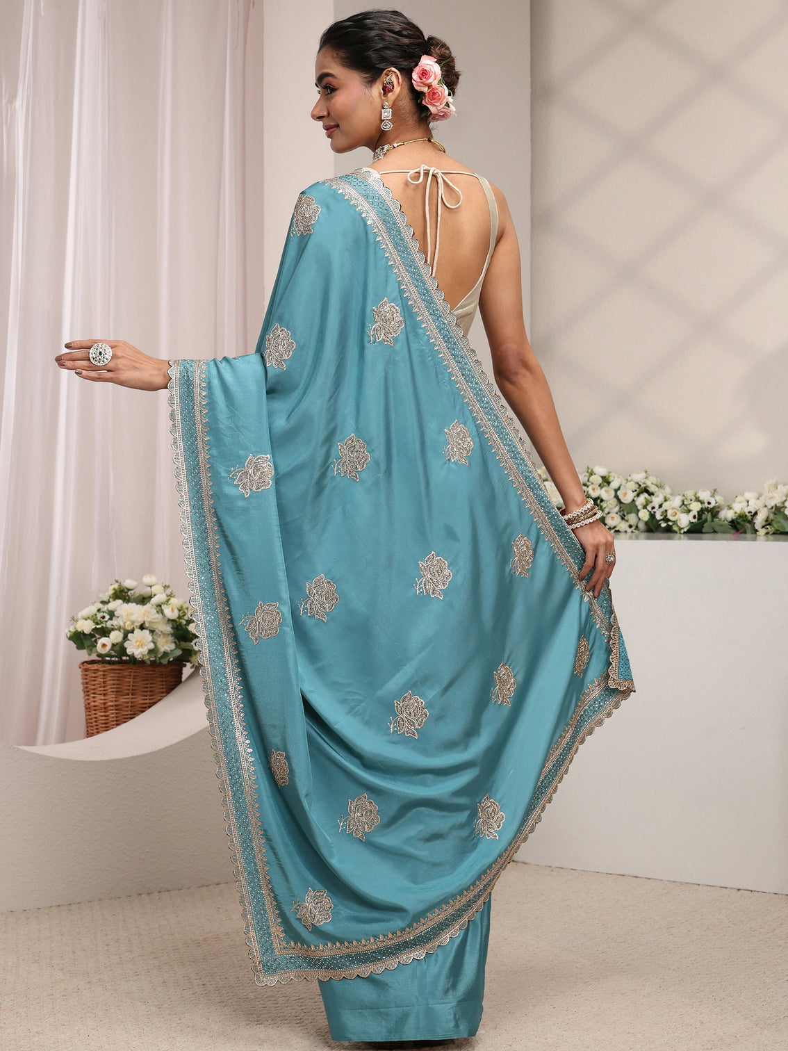Mameraa Blue Floral Embroidered Satin Saree With Unstitched Blouse Piece