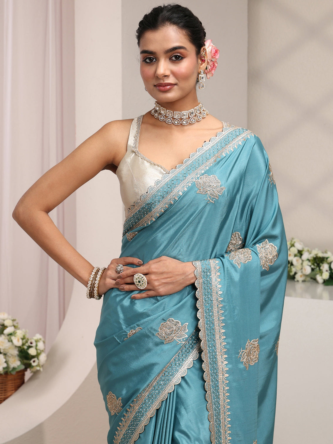 Mameraa Blue Floral Embroidered Satin Saree With Unstitched Blouse Piece
