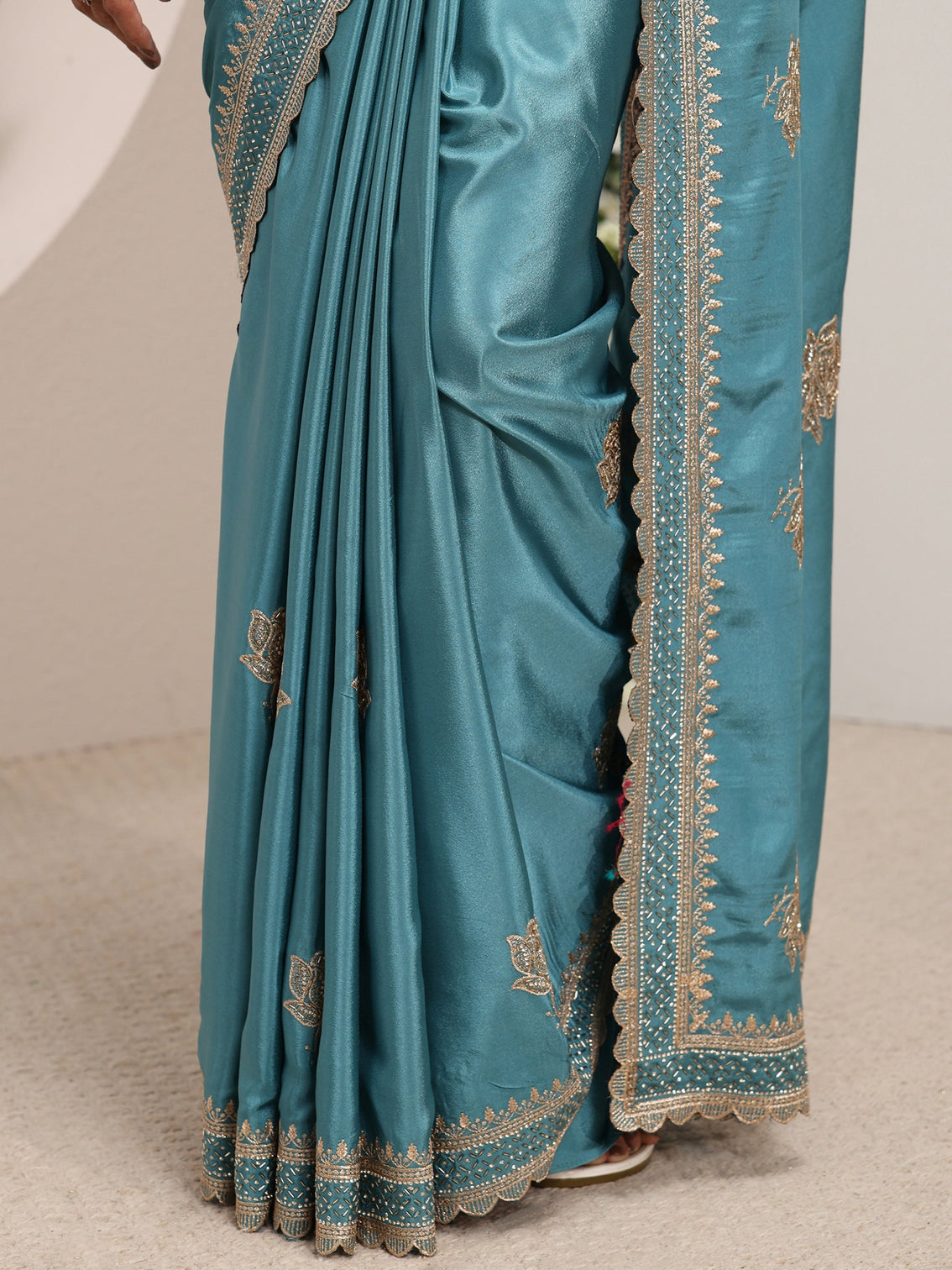 Mameraa Blue Floral Embroidered Satin Saree With Unstitched Blouse Piece