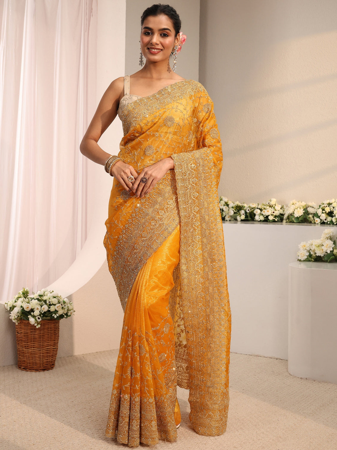 Mameraa Mustard Floral Embellished Net Saree With Unstitched Blouse Piece