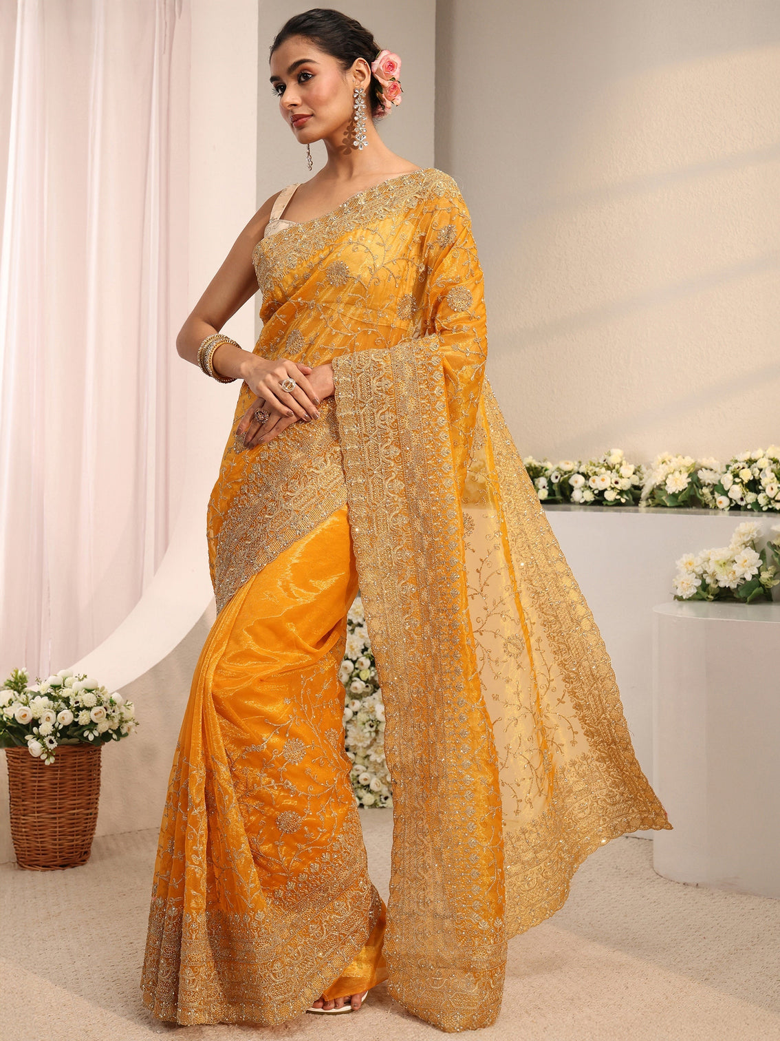 Mameraa Mustard Floral Embellished Net Saree With Unstitched Blouse Piece