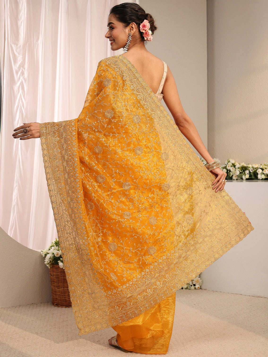 Mameraa Mustard Floral Embellished Net Saree With Unstitched Blouse Piece
