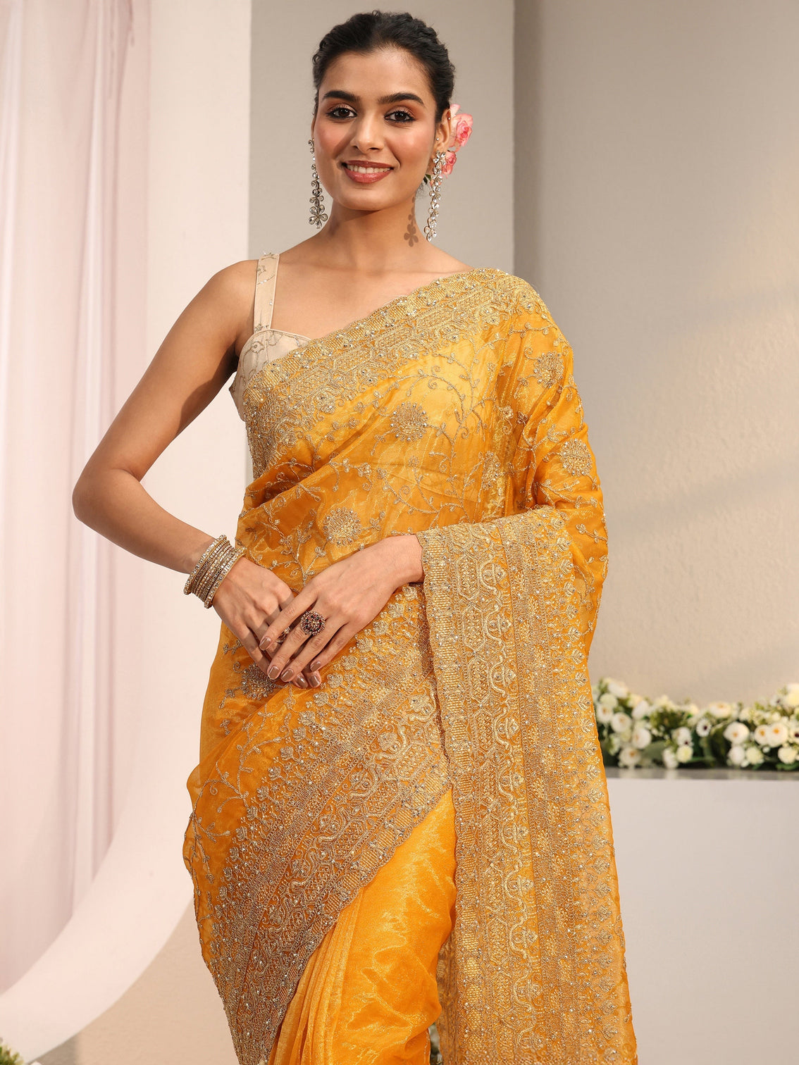 Mameraa Mustard Floral Embellished Net Saree With Unstitched Blouse Piece