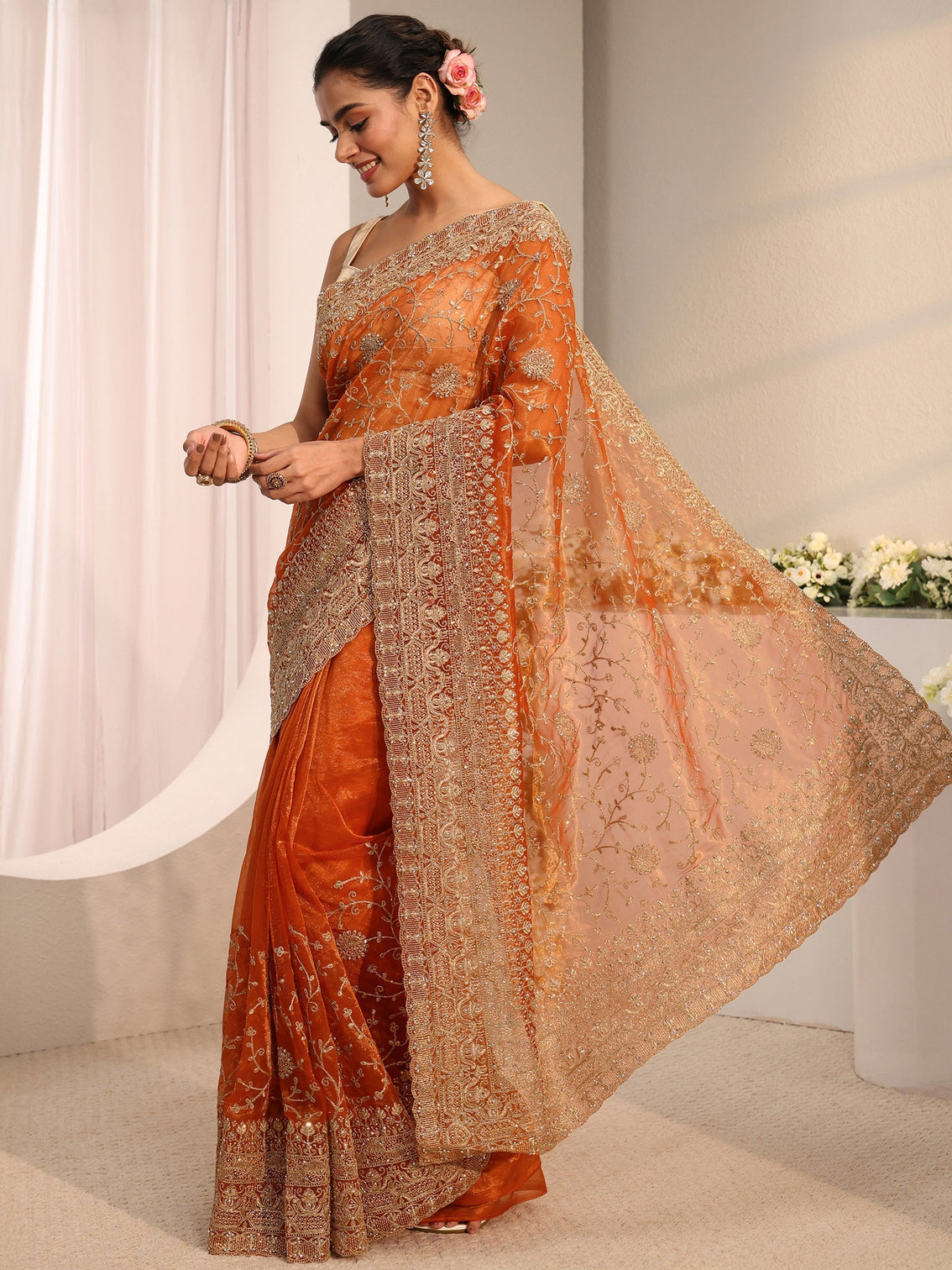 Mameraa Orange Floral Embellished Net Saree With Unstitched Blouse Piece