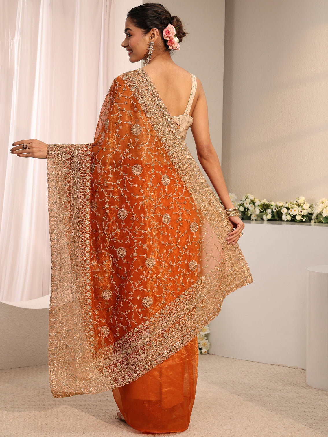 Mameraa Orange Floral Embellished Net Saree With Unstitched Blouse Piece