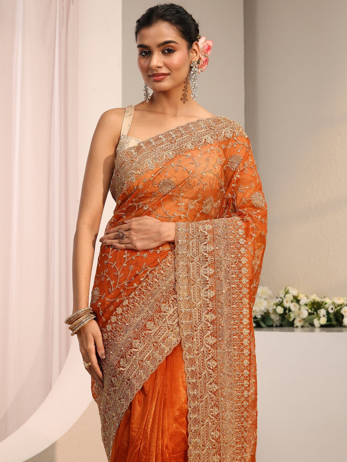 Mameraa Orange Floral Embellished Net Saree With Unstitched Blouse Piece