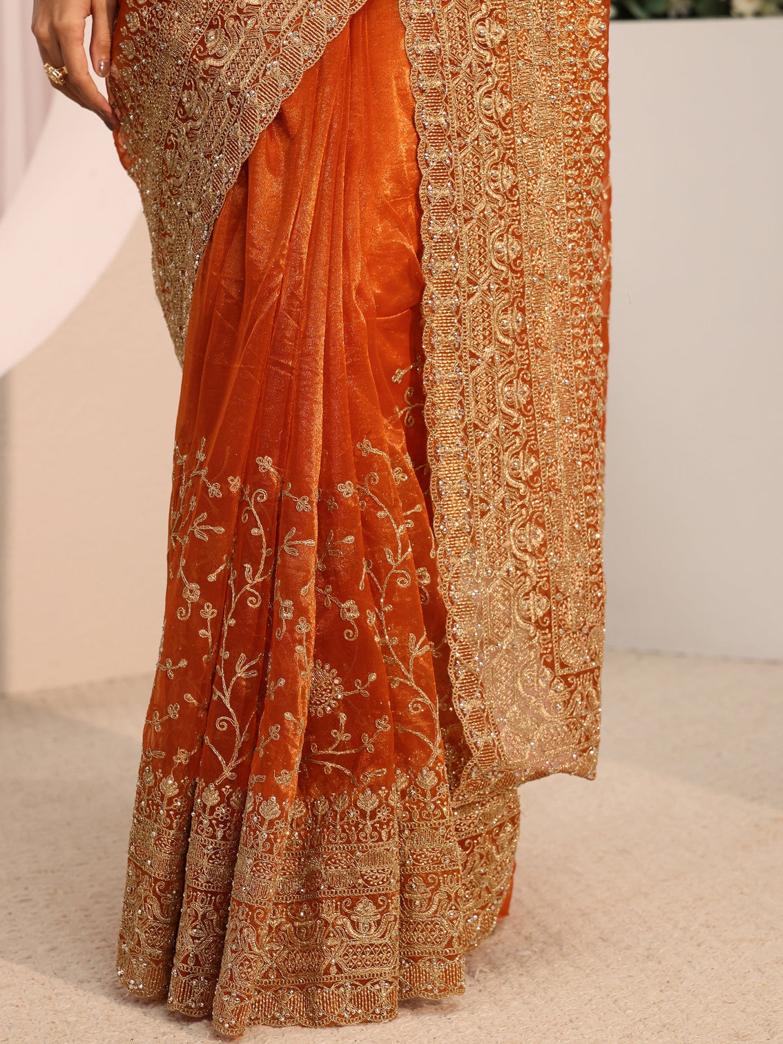 Mameraa Orange Floral Embellished Net Saree With Unstitched Blouse Piece