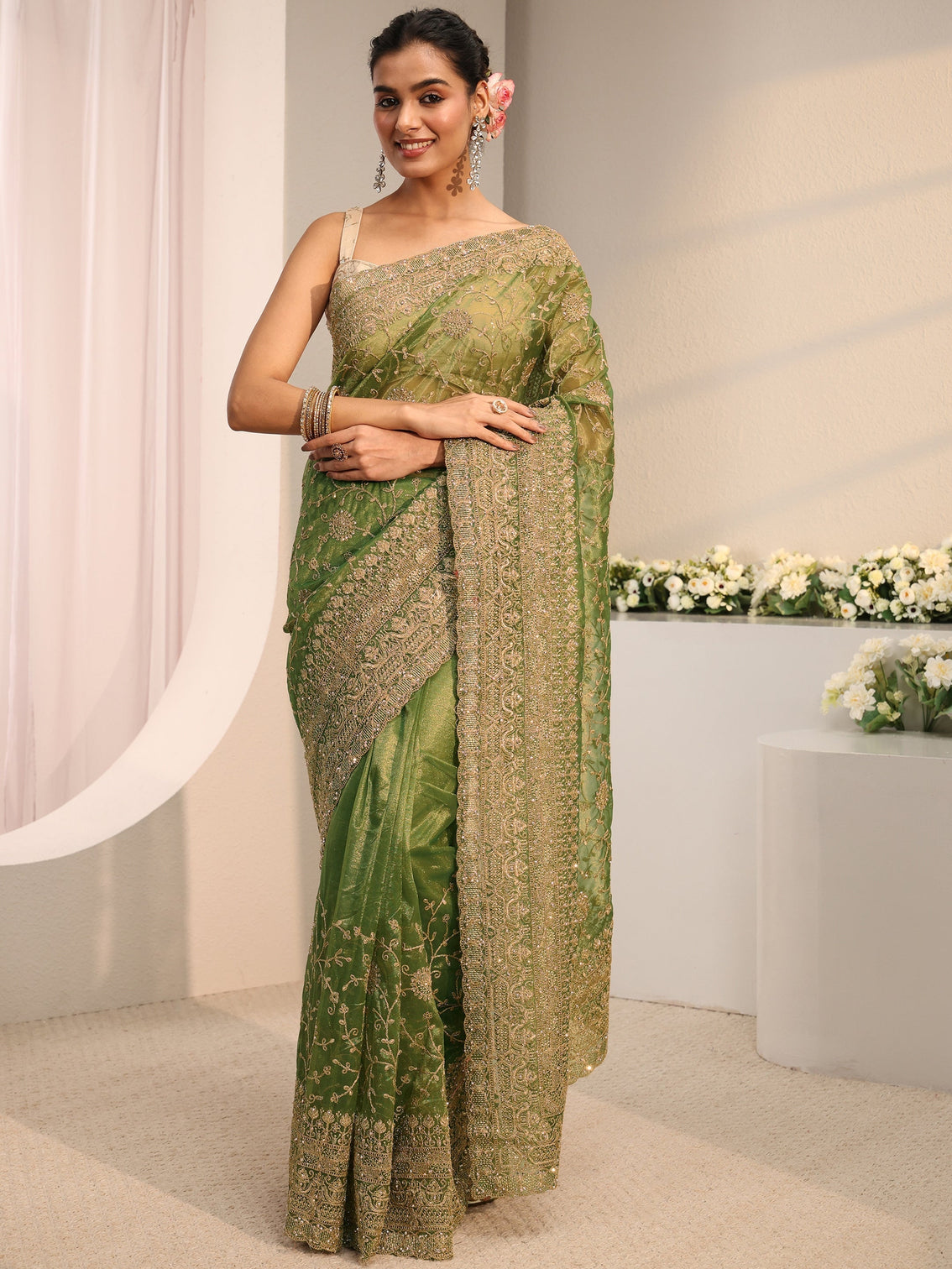 Mameraa Green Floral Embellished Net Saree With Unstitched Blouse Piece