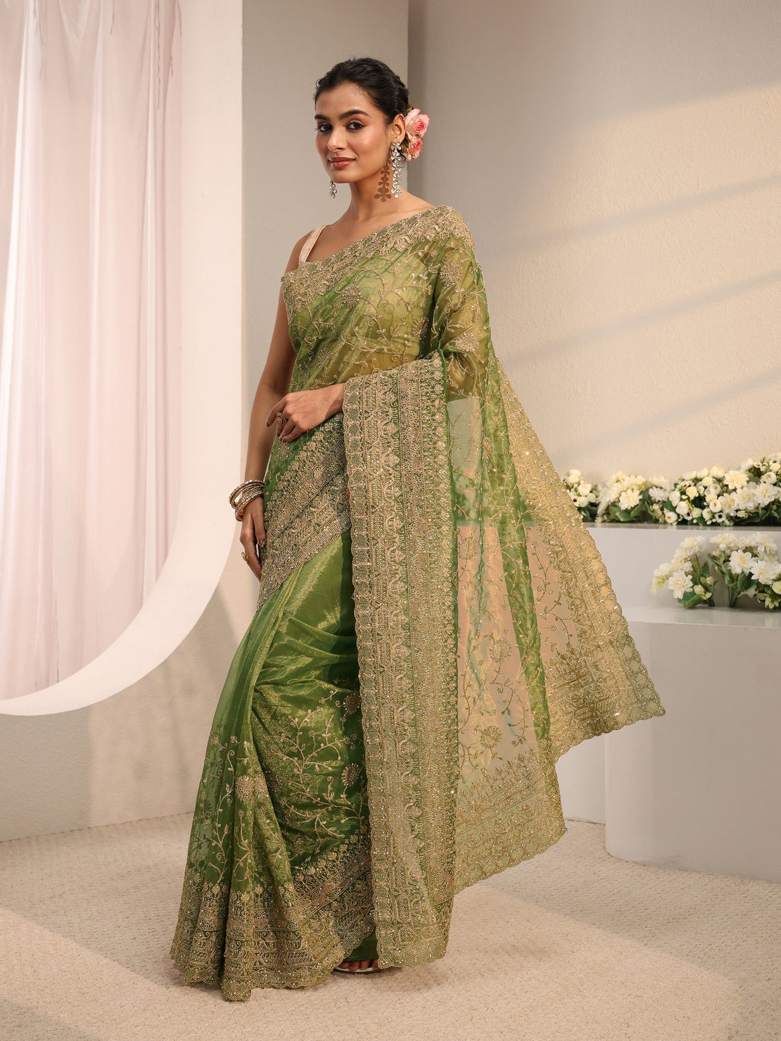 Mameraa Green Floral Embellished Net Saree With Unstitched Blouse Piece