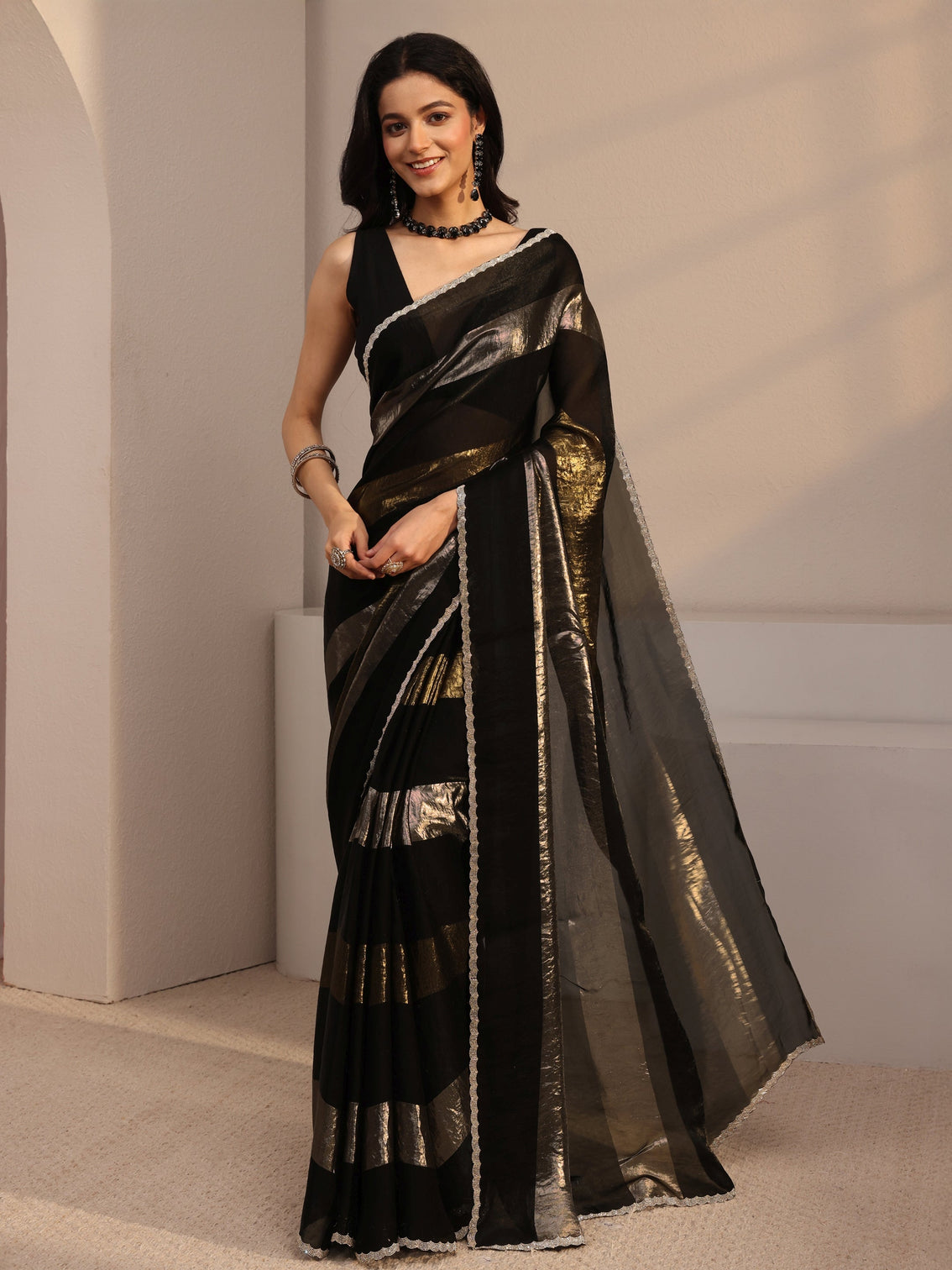Mameraa Black Embellished Tissue Saree With Unstiched Blouse Piece