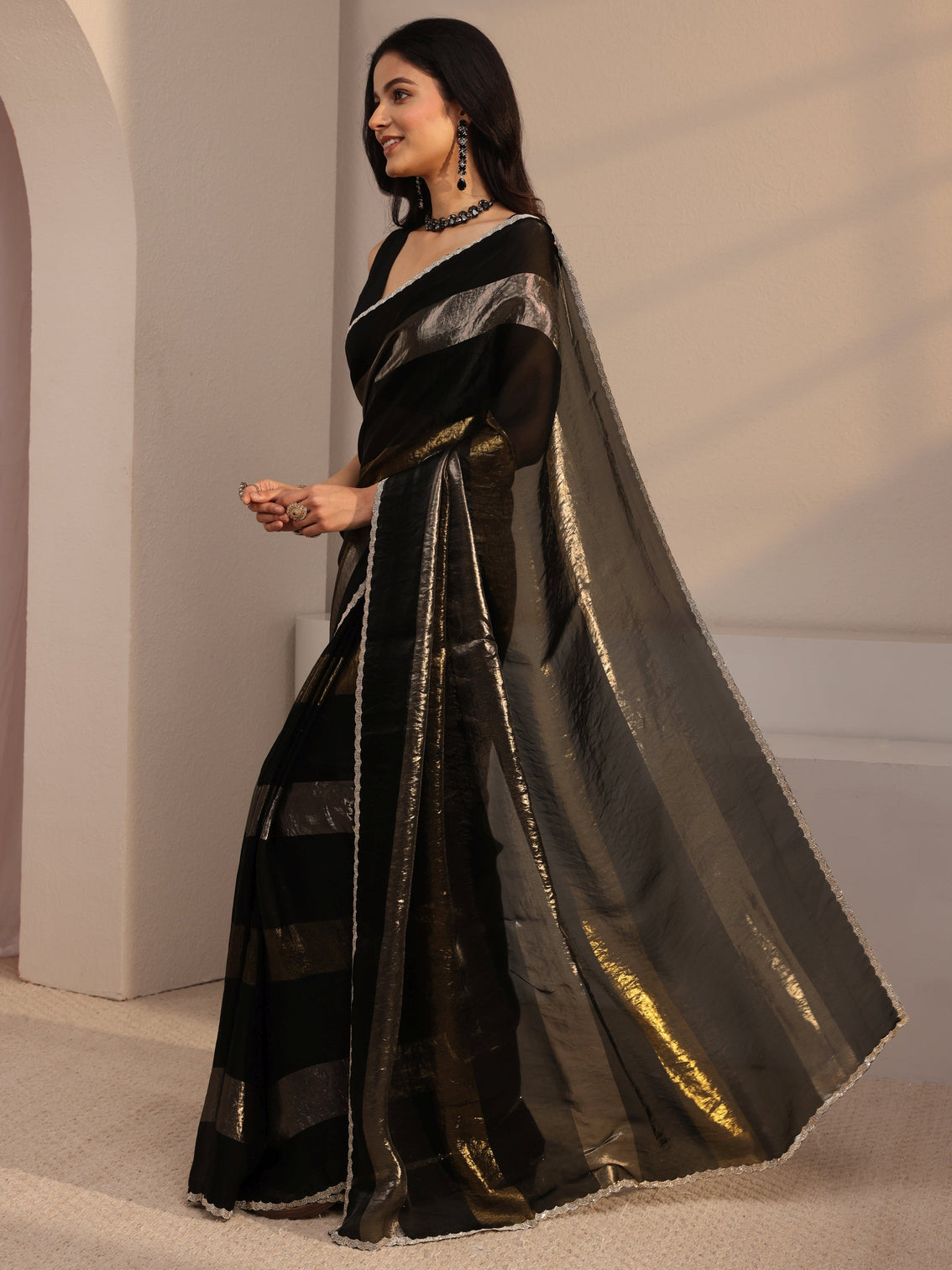Mameraa Black Embellished Tissue Saree With Unstiched Blouse Piece