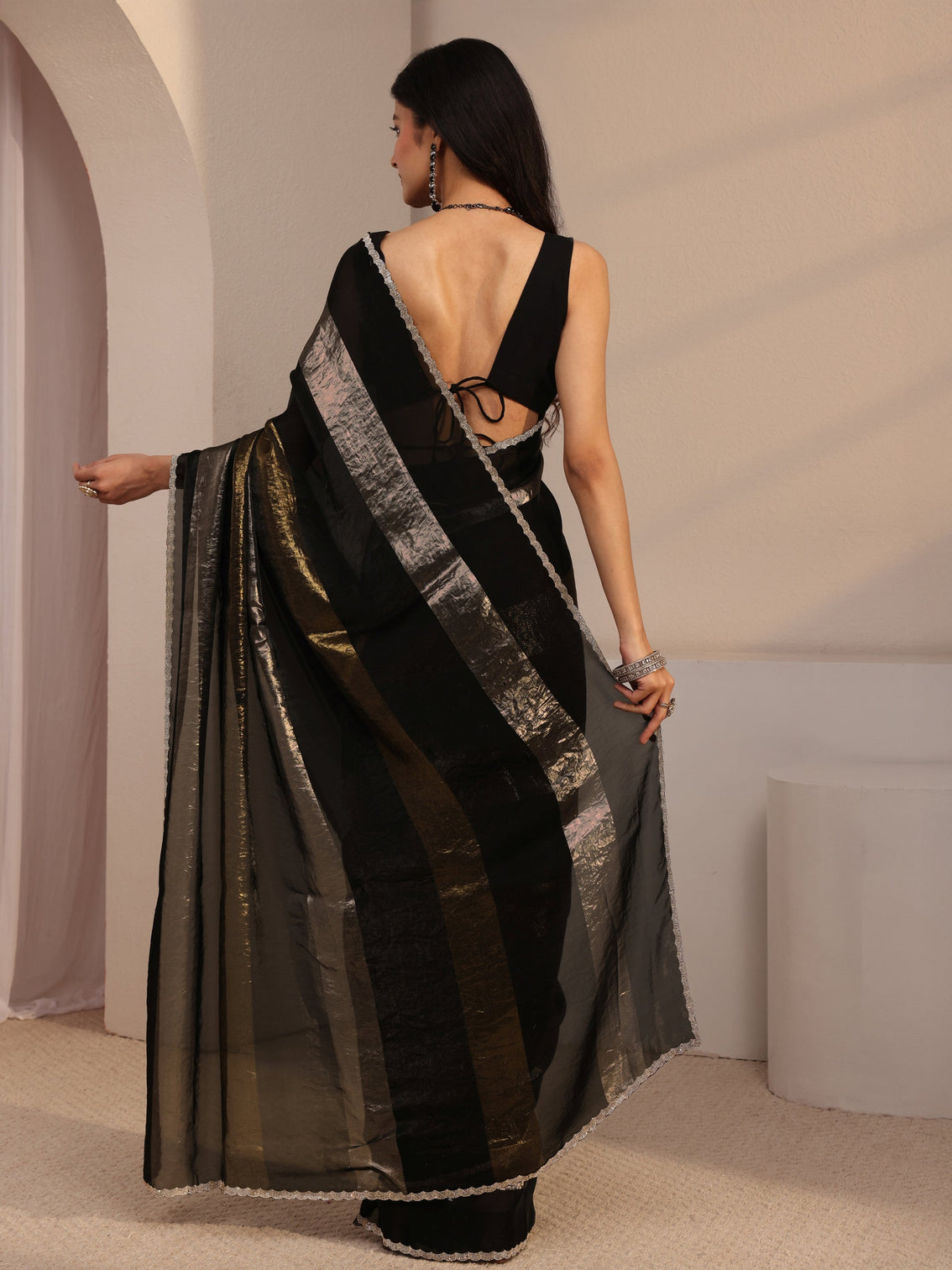 Mameraa Black Embellished Tissue Saree With Unstiched Blouse Piece