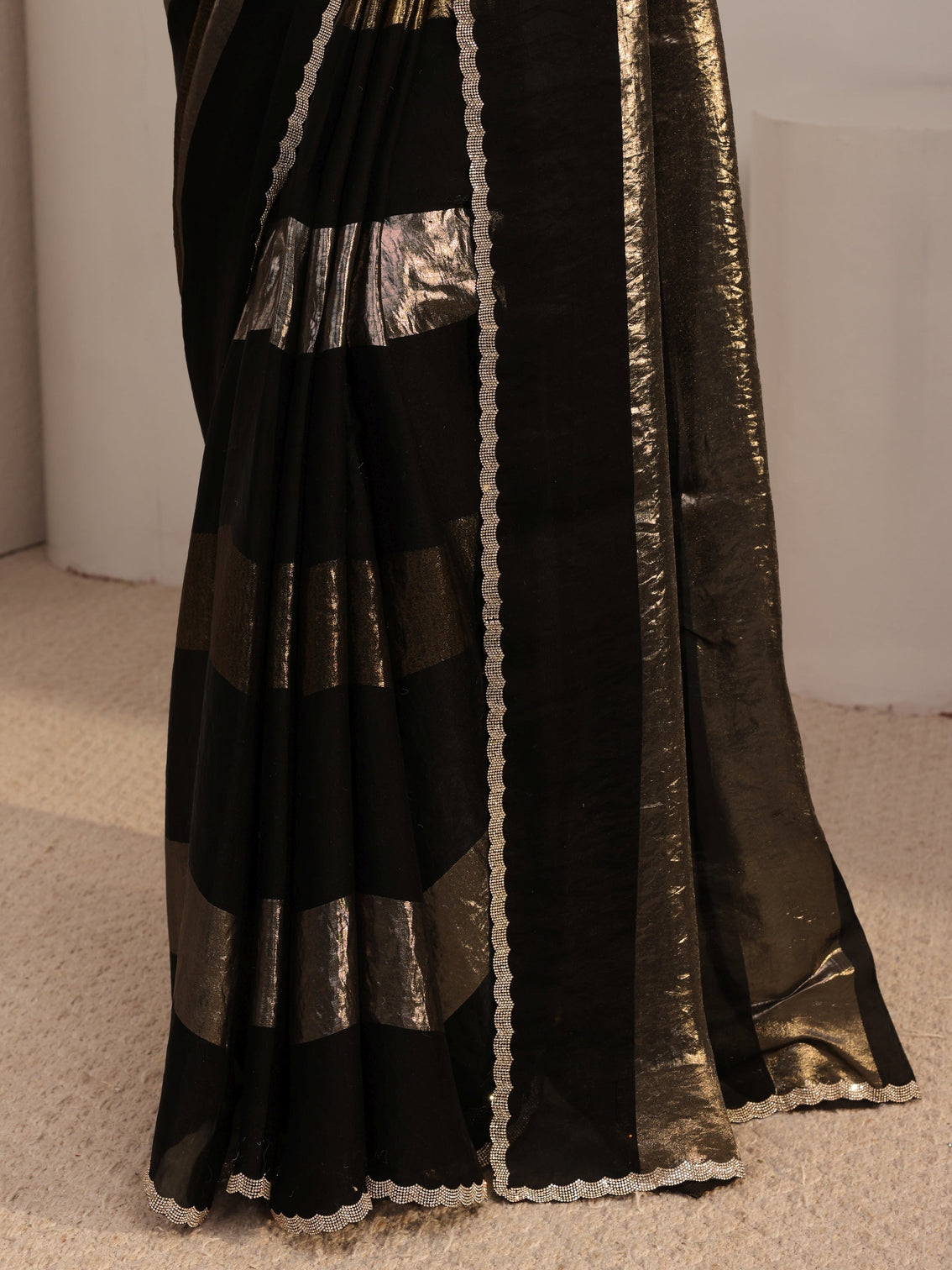 Mameraa Black Embellished Tissue Saree With Unstiched Blouse Piece