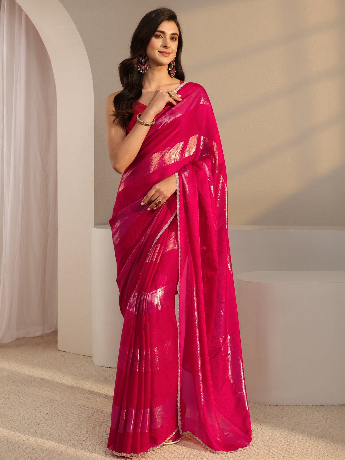 Mameraa Pink Striped Embellished Tissue Saree With Unstitched Blouse Piece