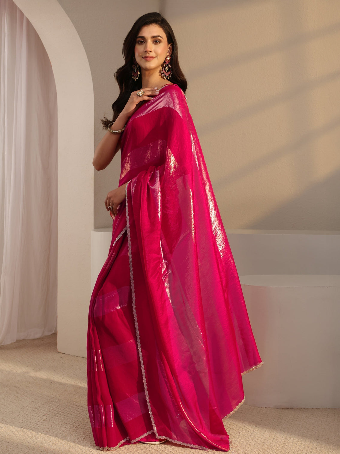 Mameraa Pink Striped Embellished Tissue Saree With Unstitched Blouse Piece