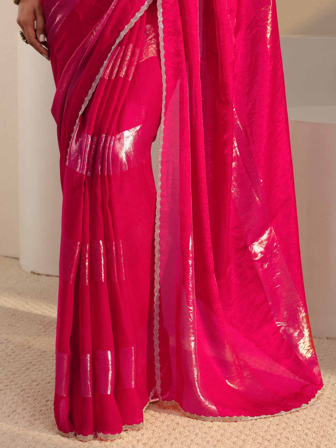 Mameraa Pink Striped Embellished Tissue Saree With Unstitched Blouse Piece