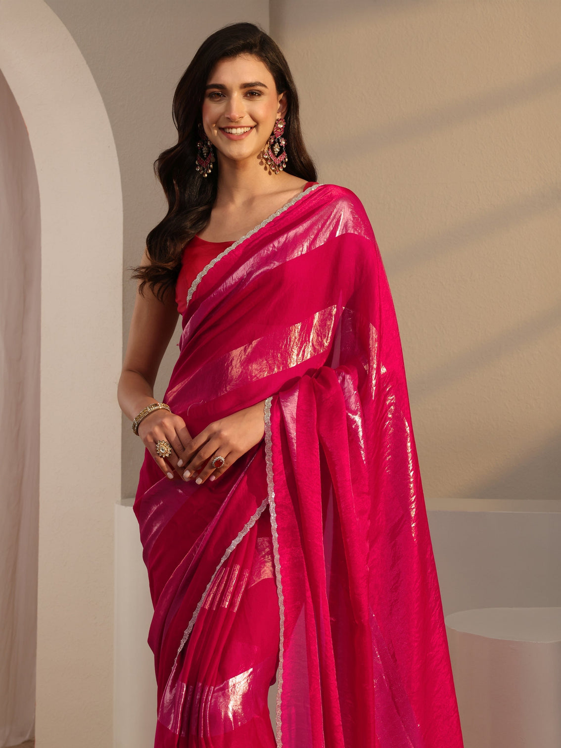 Mameraa Pink Striped Embellished Tissue Saree With Unstitched Blouse Piece