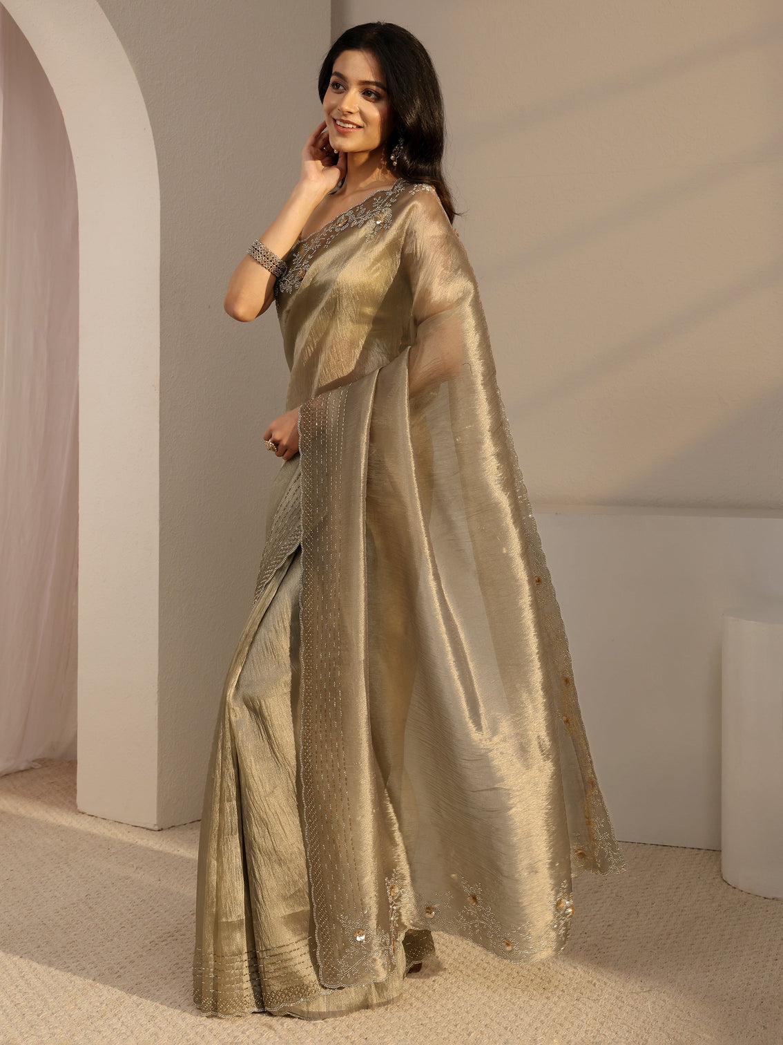 Mameraa Golden Embellished Tissue Saree With Unstiched Blouse Piece