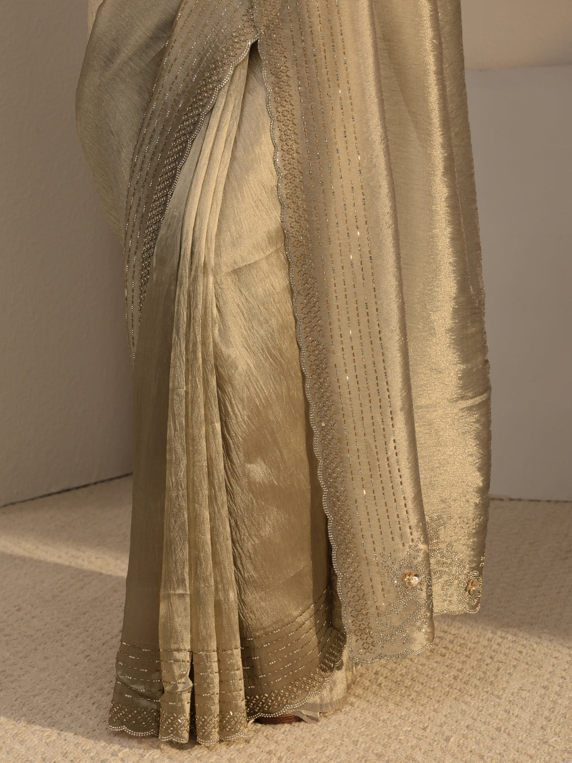 Mameraa Golden Embellished Tissue Saree With Unstiched Blouse Piece