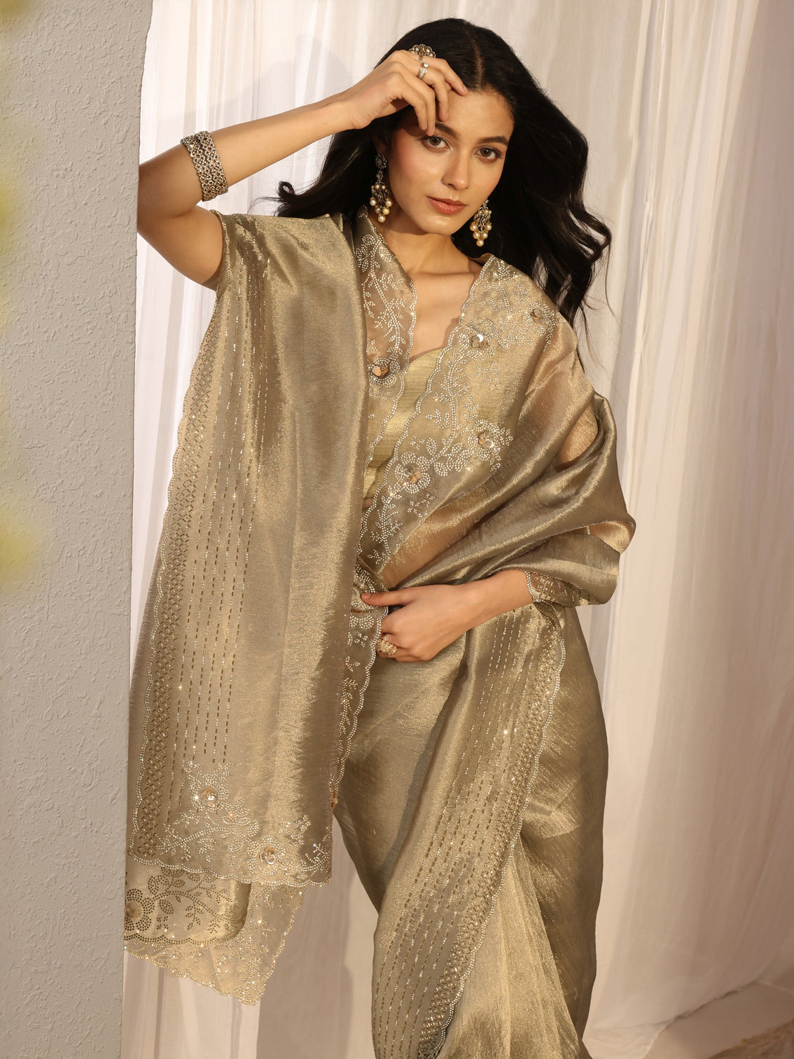 Mameraa Golden Embellished Tissue Saree With Unstiched Blouse Piece