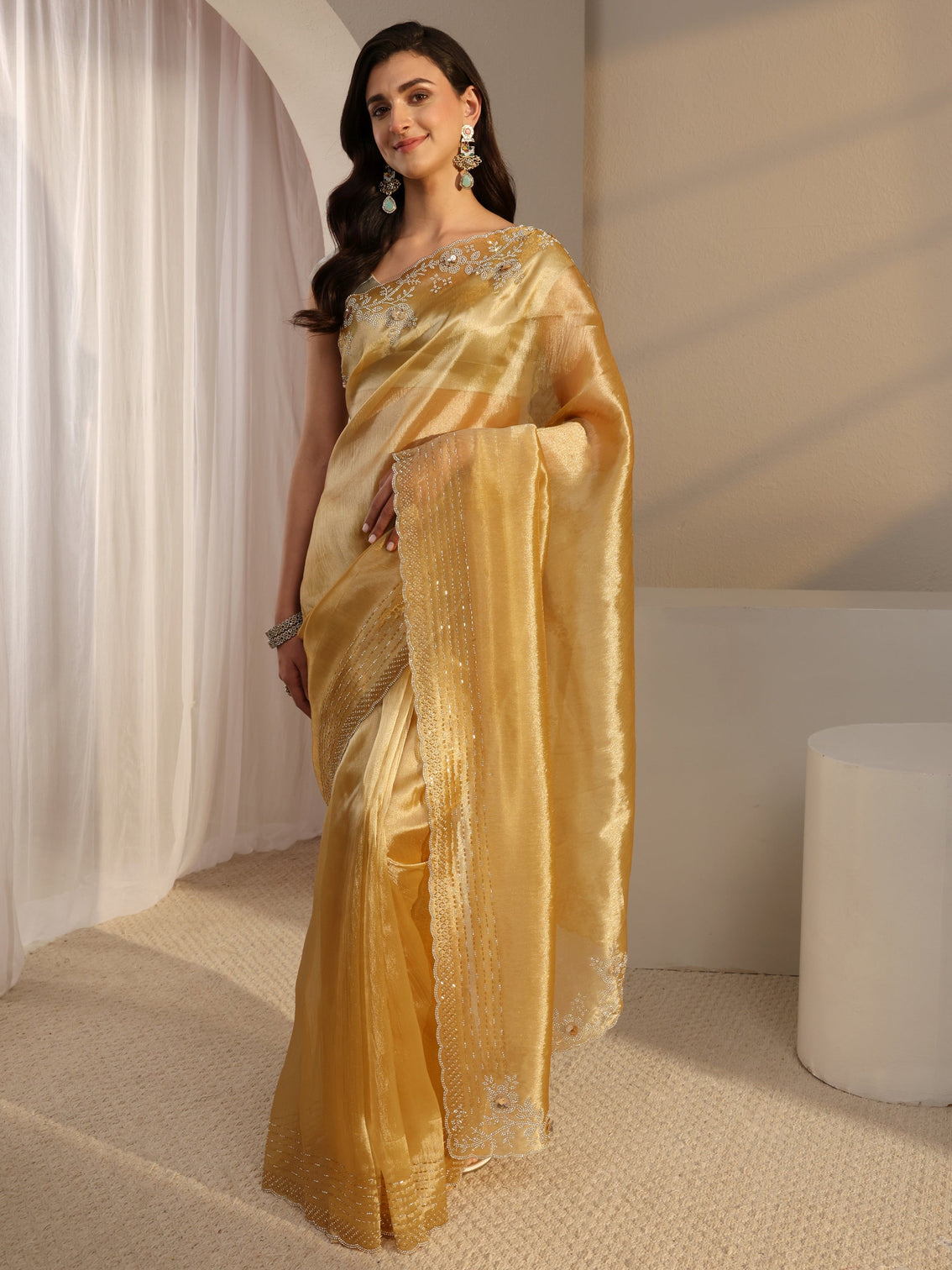 Mameraa Mustard Embellished Tissue Saree With Unstitched Blouse Piece