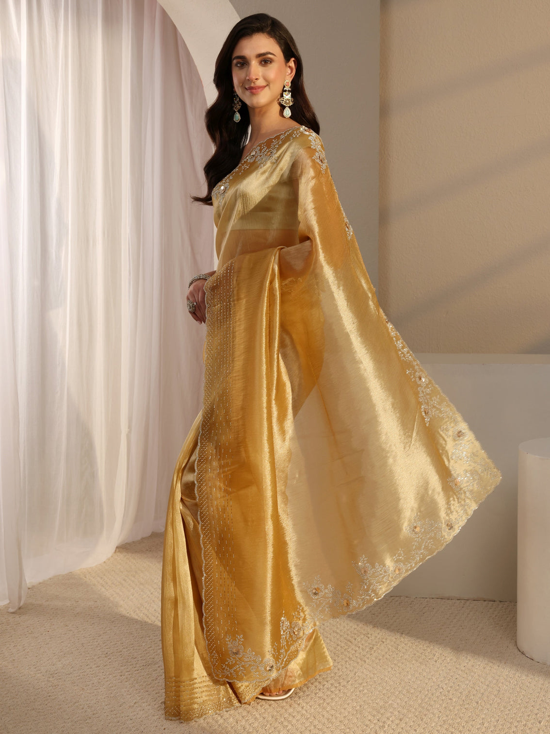 Mameraa Mustard Embellished Tissue Saree With Unstitched Blouse Piece