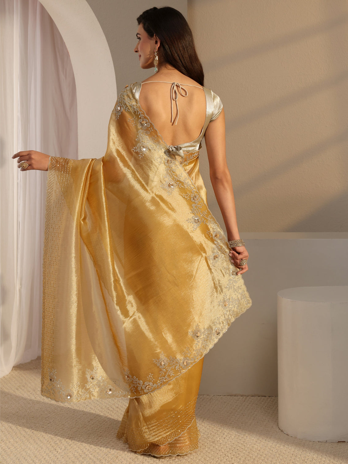 Mameraa Mustard Embellished Tissue Saree With Unstitched Blouse Piece