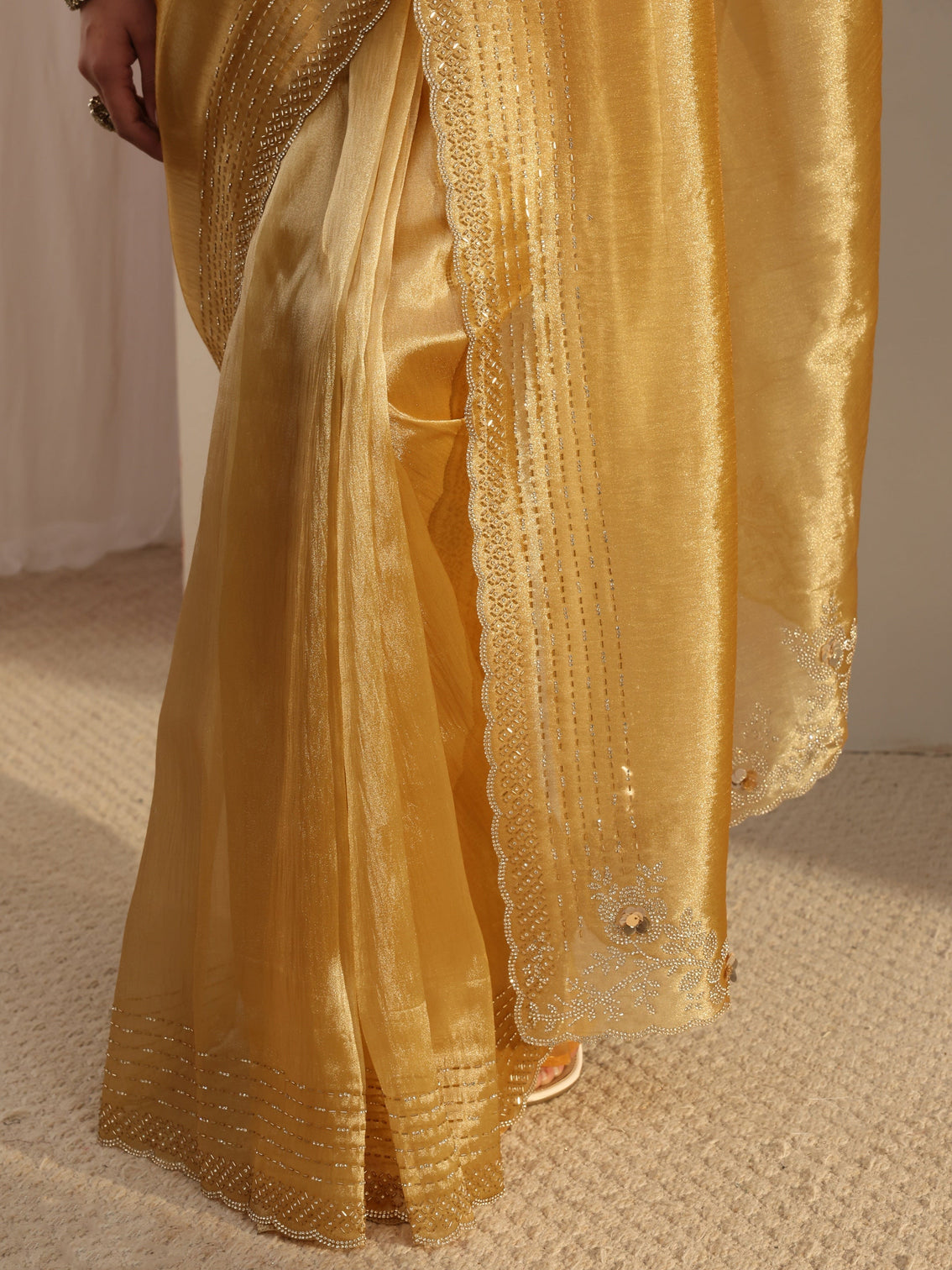 Mameraa Mustard Embellished Tissue Saree With Unstitched Blouse Piece