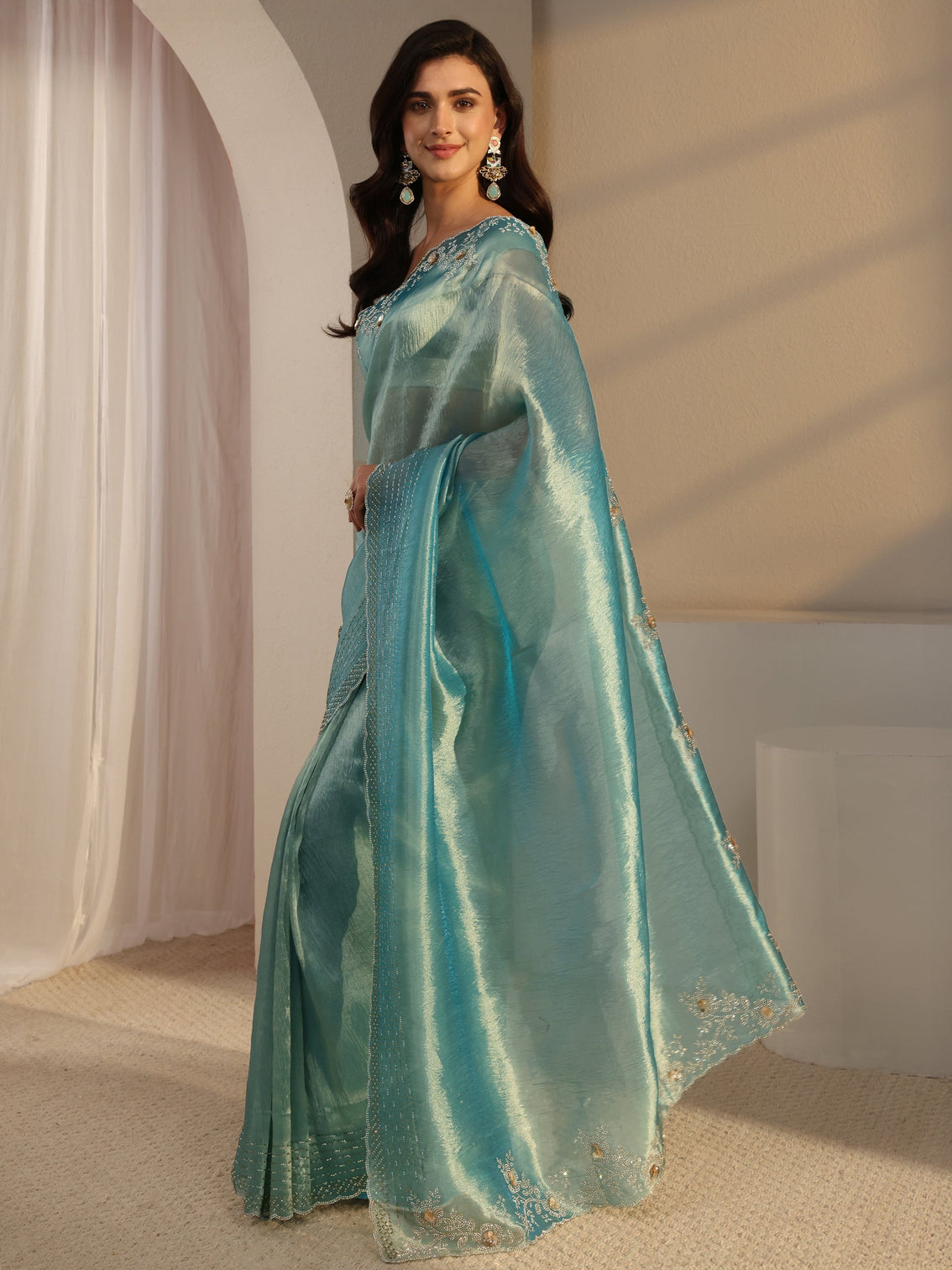 Mameraa Blue Embellished Tissue Saree With Unstitched Blouse Piece