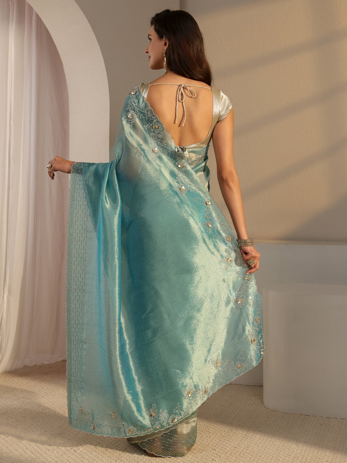 Mameraa Blue Embellished Tissue Saree With Unstitched Blouse Piece