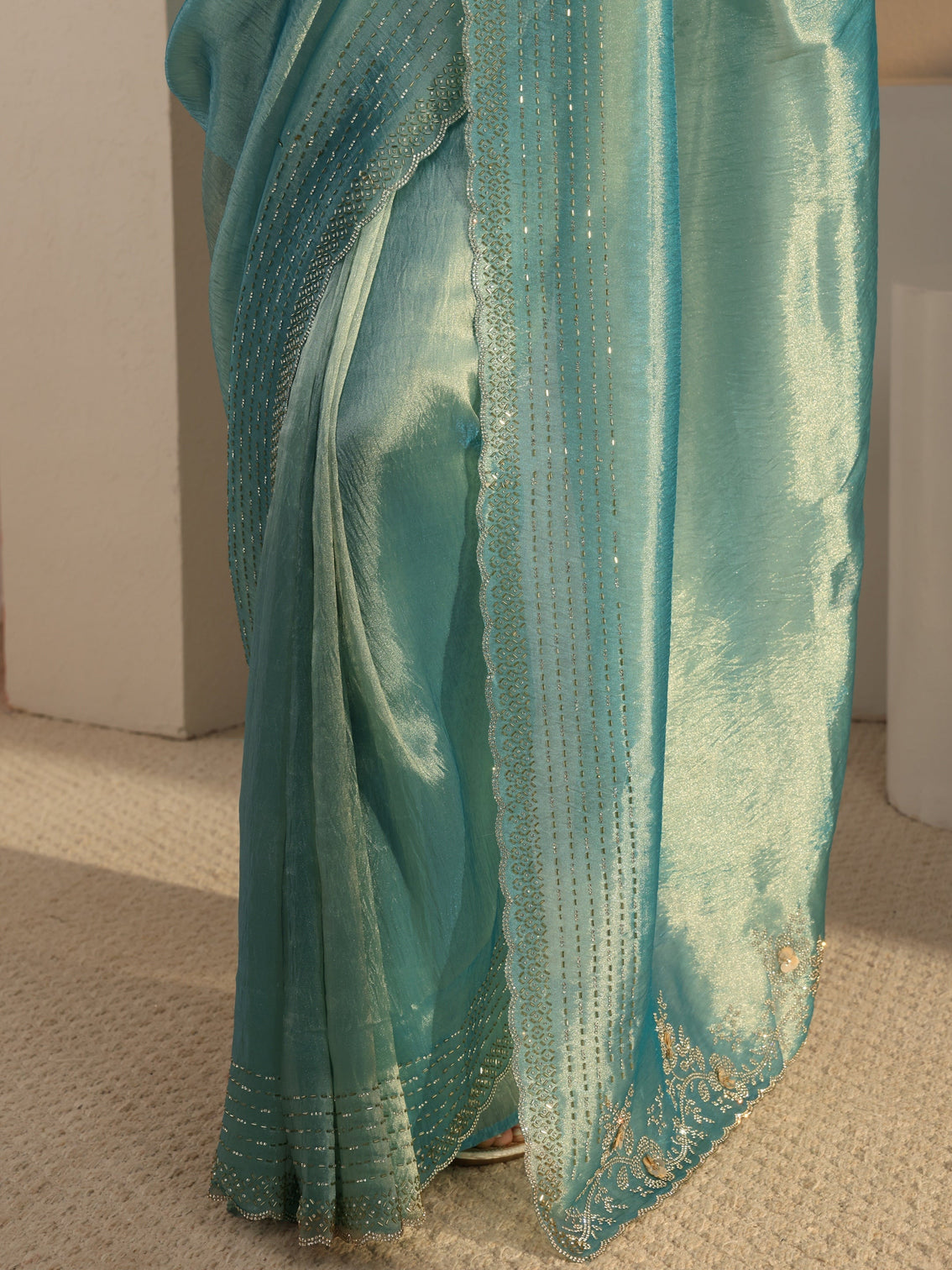 Mameraa Blue Embellished Tissue Saree With Unstitched Blouse Piece