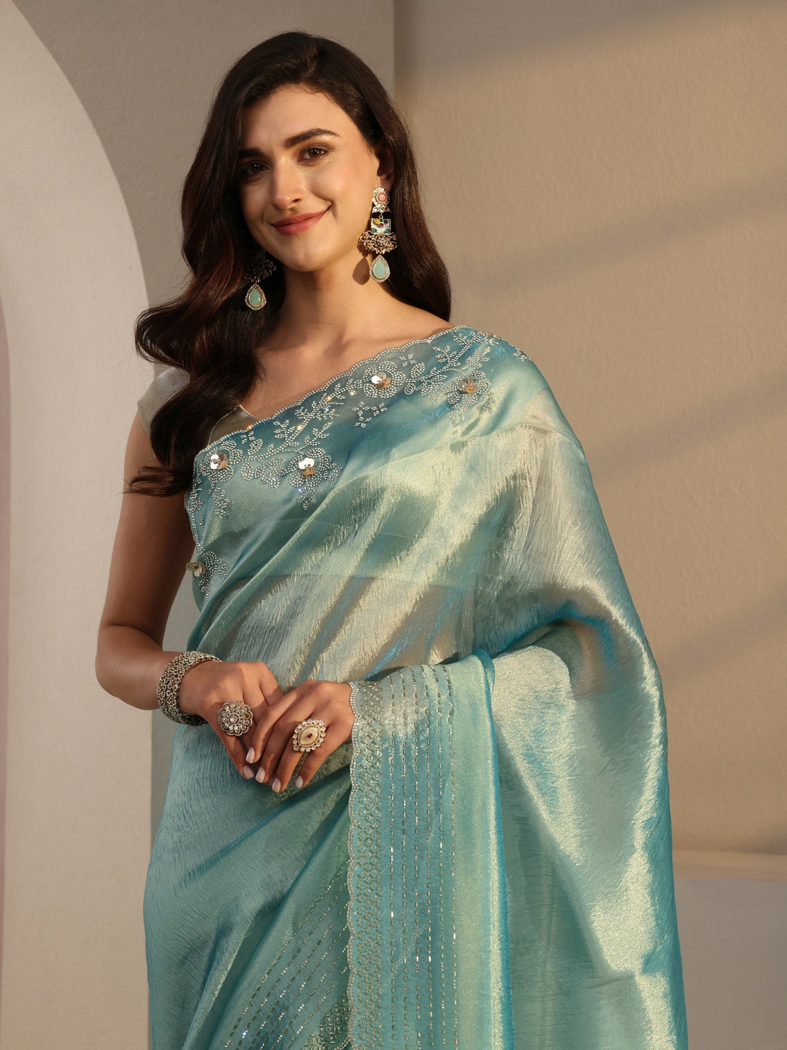 Mameraa Blue Embellished Tissue Saree With Unstitched Blouse Piece