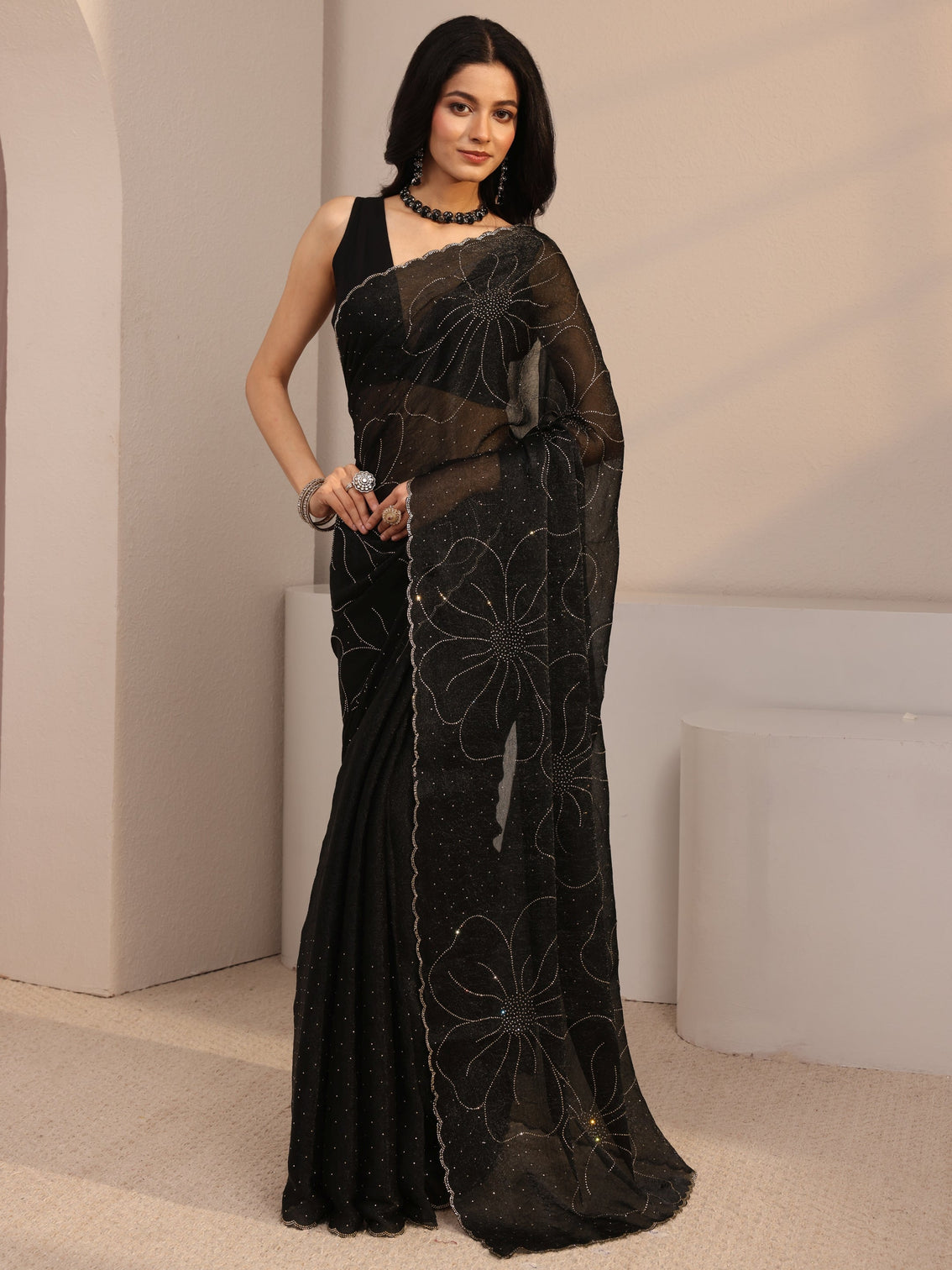 Mameraa Black Embellished Tissue Saree With Unstiched Blouse Piece