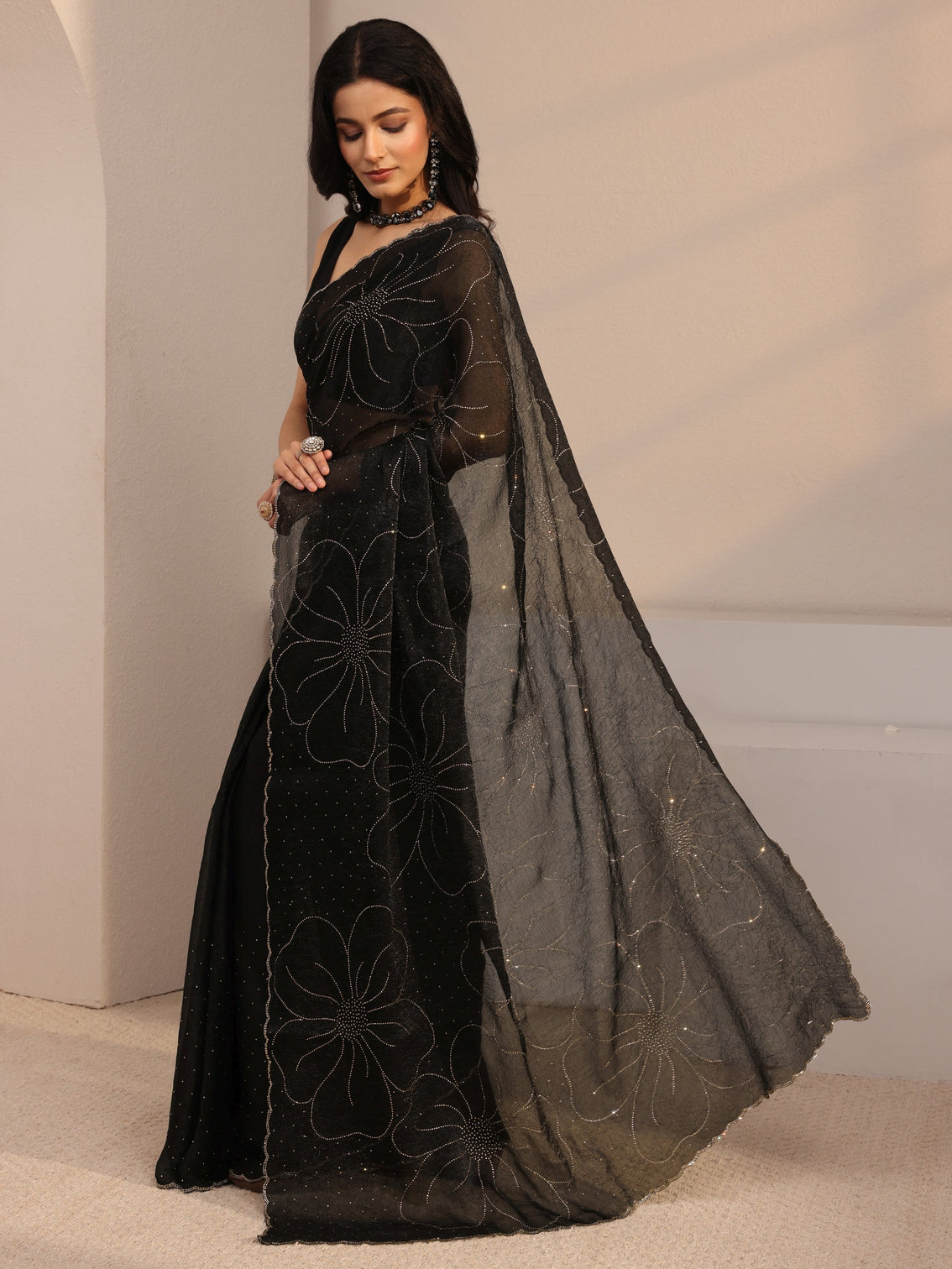 Mameraa Black Embellished Tissue Saree With Unstiched Blouse Piece