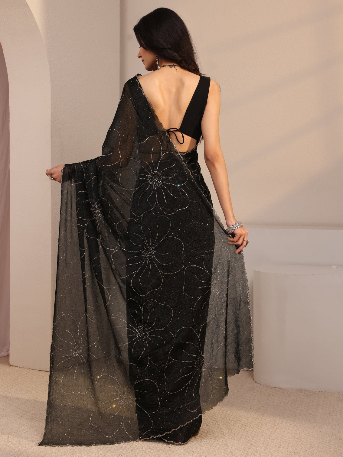 Mameraa Black Embellished Tissue Saree With Unstiched Blouse Piece