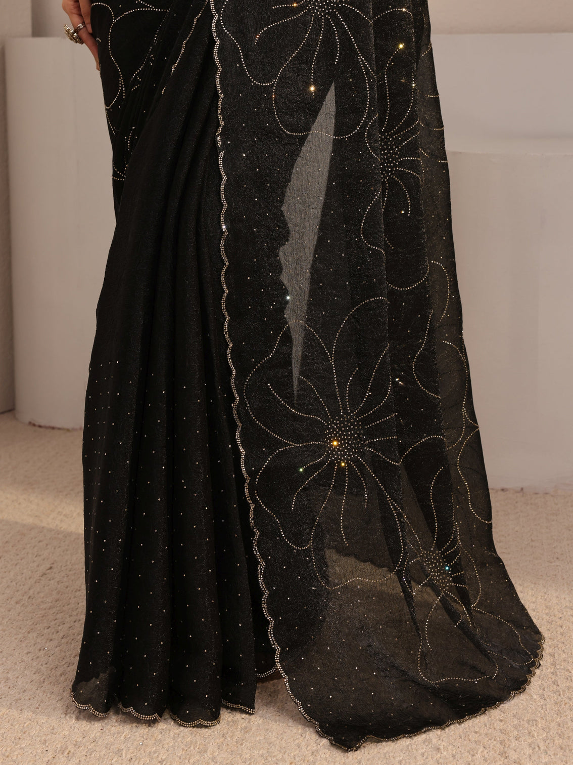 Mameraa Black Embellished Tissue Saree With Unstiched Blouse Piece
