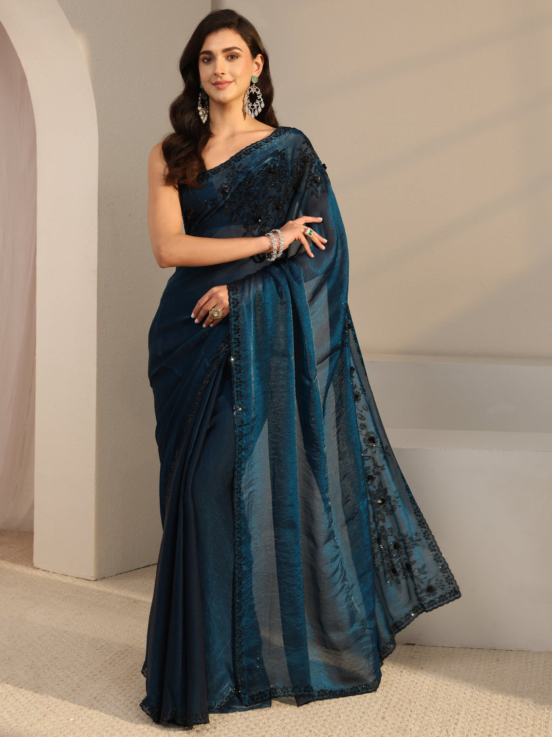 Mameraa Blue Embellished Tissue Saree With Unstitched Blouse Piece