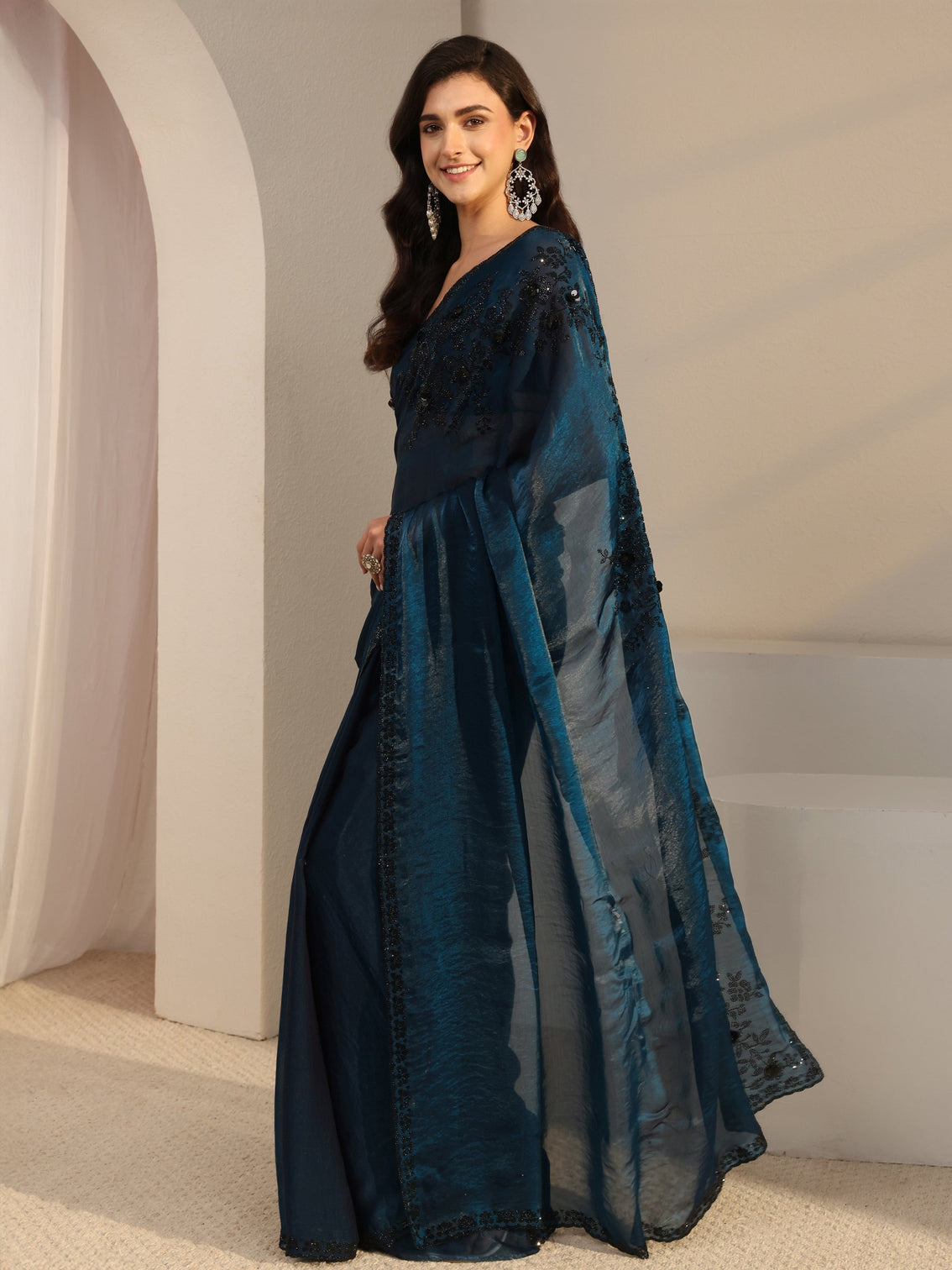 Mameraa Blue Embellished Tissue Saree With Unstitched Blouse Piece